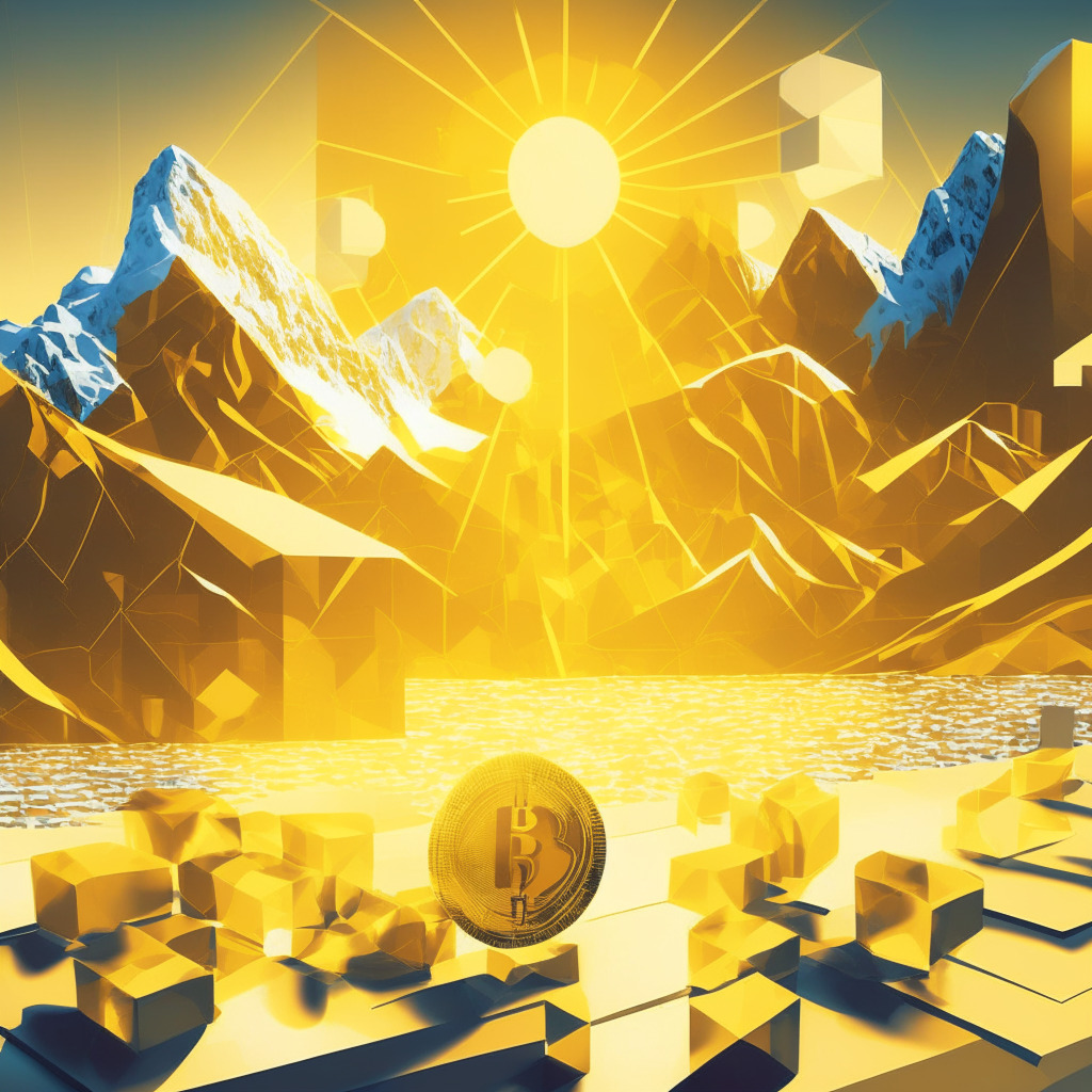 Abstract visualization of gold-colored tokenized government bonds floating over a computerized Swiss landscape, representing Backed Finance. Discern a deep contrast between the vivid digital nature of the bonds and the subdued, hazy tangible reality. Incorporate the style of modern digital cubism, with sharp, angular features. Set under the cold yet inviting light of the rising sun, signifying the start of a new era. Convey a mood of anticipation and skepticism.