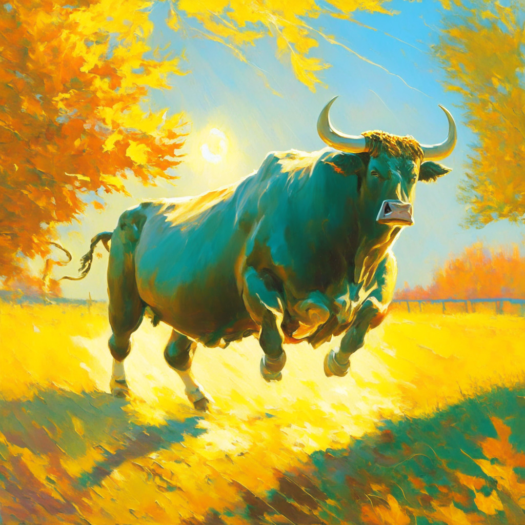 A sunlit, impressionist painting of a bullish charging over a trajectory line against an autumn backdrop. The bull, symbolizing Bitcoin's upward trend, is dynamically detailed and moves towards a radiant October sun on the horizon, which reflects the optimistic forecast. Mood-stricken colors oscillate between September's green pasture and October's golden gains with a vibrant volatility in the skyscape.