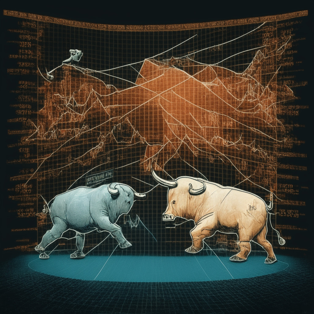 An abstract representation of a virtual TTC market symbolized as a coin, with a bull and bear on opposing sides engaged in a dance and tug-of-war. There should be key moving averages crisscrossed, hinting at a possible financial crossroads at the $27K & $28K levels. Background denotes a late autumn timeline with a chiaroscuro light setting for a suspenseful mood. No identifiable figures or faces, only symbolic representations and streaks of vibrant cryptocurrencies designs.