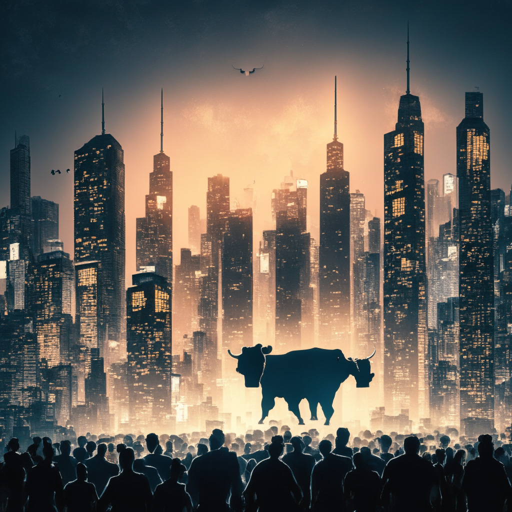 A bustling Hong Kong skyline at dusk, illuminated by a luminous Bitcoin symbol. Futuristic skyscrapers with the hint of Asian architectural influence. A crowd of symbolic bulls and bears wrestling around a glowing, emblematic blockchain while scattered $100Ms float in the sky. A shadowy haze represents uncertainty, contrasted by twinkling lights denoting hope and potential. Noir-film style gritty feeling articulates the risk and reward theme. Mood is a mixture of anxiety and optimism.