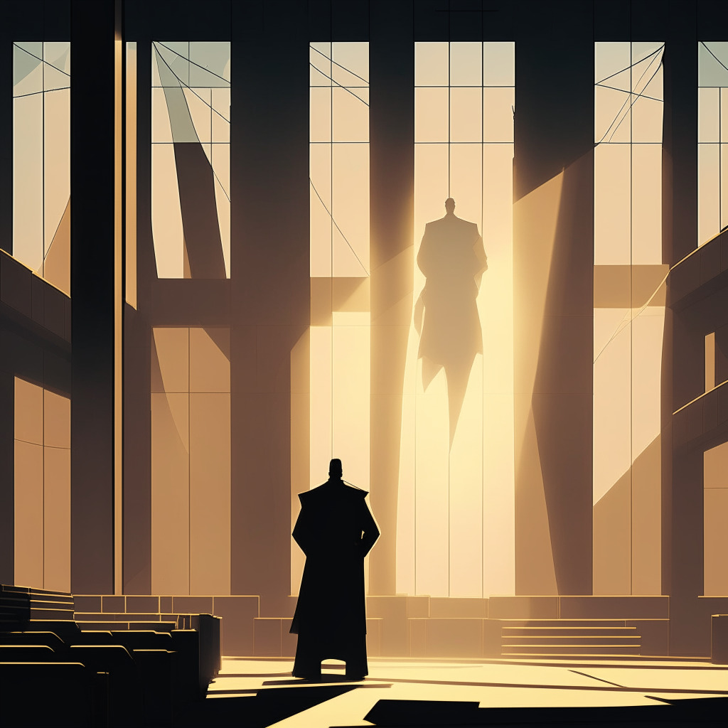 A late evening scene in a grand, minimalist courtroom with stylized, futuristic elements, light from the setting sun streaming through the large windows casting long shadows. A cold, metallic man (symbolizing former CEO), stands in the center looking lost and defiant. Details suggest elements of cryptocurrency, like abstract bitcoin motifs subtly integrated into the architecture. The overall mood is somber and uncertain, hinting at disruption and the need for transparency.