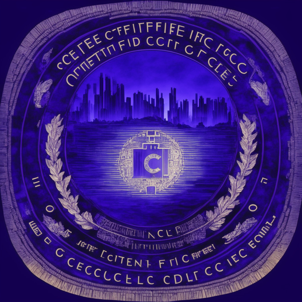 An official CFTC seal placed over a sprawling digital landscape, hues of dark blues and purples to symbolise mystery of the evolving crypto world. In the foreground, an old scroll unfurls, symbolising the outdated Commodity Exchange Act. Modern entities like DeFi and AI emerging from the scroll, illustrating the tension between old laws and new technology. Golden glow suggesting the value and potential of the digital age, while colder hues hint at the uncertainty and regulatory challenges ahead.