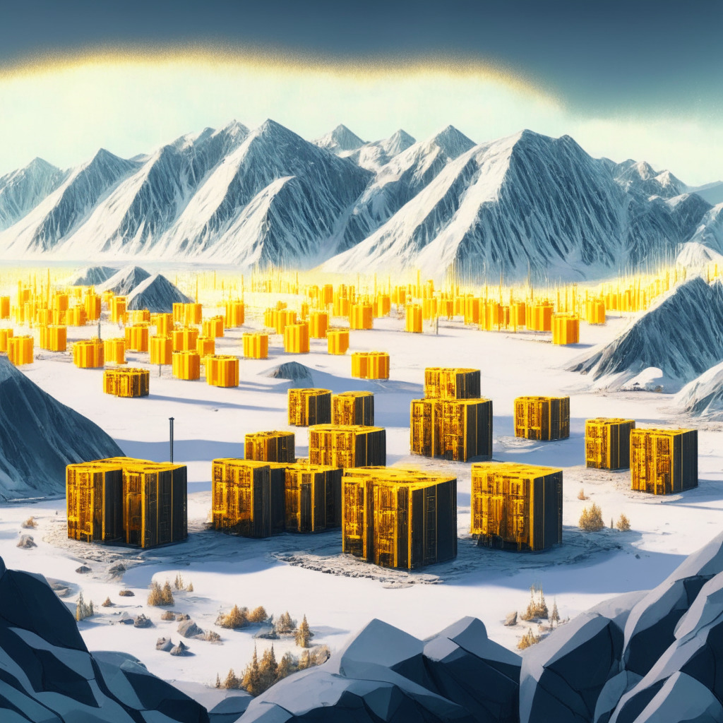 An optimistically lit, advanced Bitcoin mining facility surrounded by Canadian landscapes, symbolic of renewable energy, expansion, and growth. Incorporate panoramic view of neatly arranged, cutting-edge mining rigs, indicative of increased productivity. For mood, an intriguing contrast between icy exterior and warmth inside denoting fluctuating crypto market. Depict stacks of Golden Bitcoin hinting at massive asset holdings.