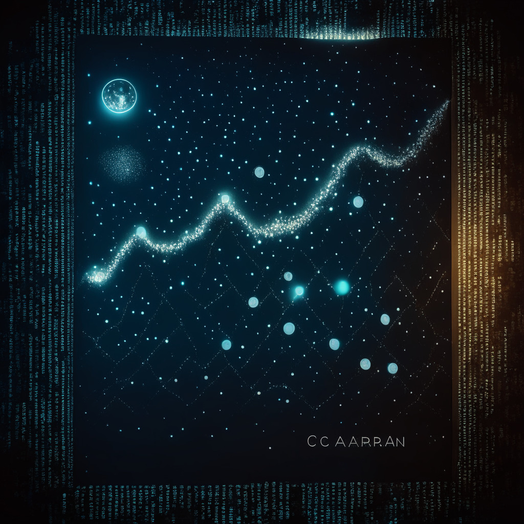 A digital canvas illuminated by soft, ambient moonlight, showcasing a climbing Cardano (ADA) coin on a graph. Artful style with crypto graphical representation blending into starscape, symbolising blockchain. The image portrays optimism and anticipation, subtly hinting at a bullish future.