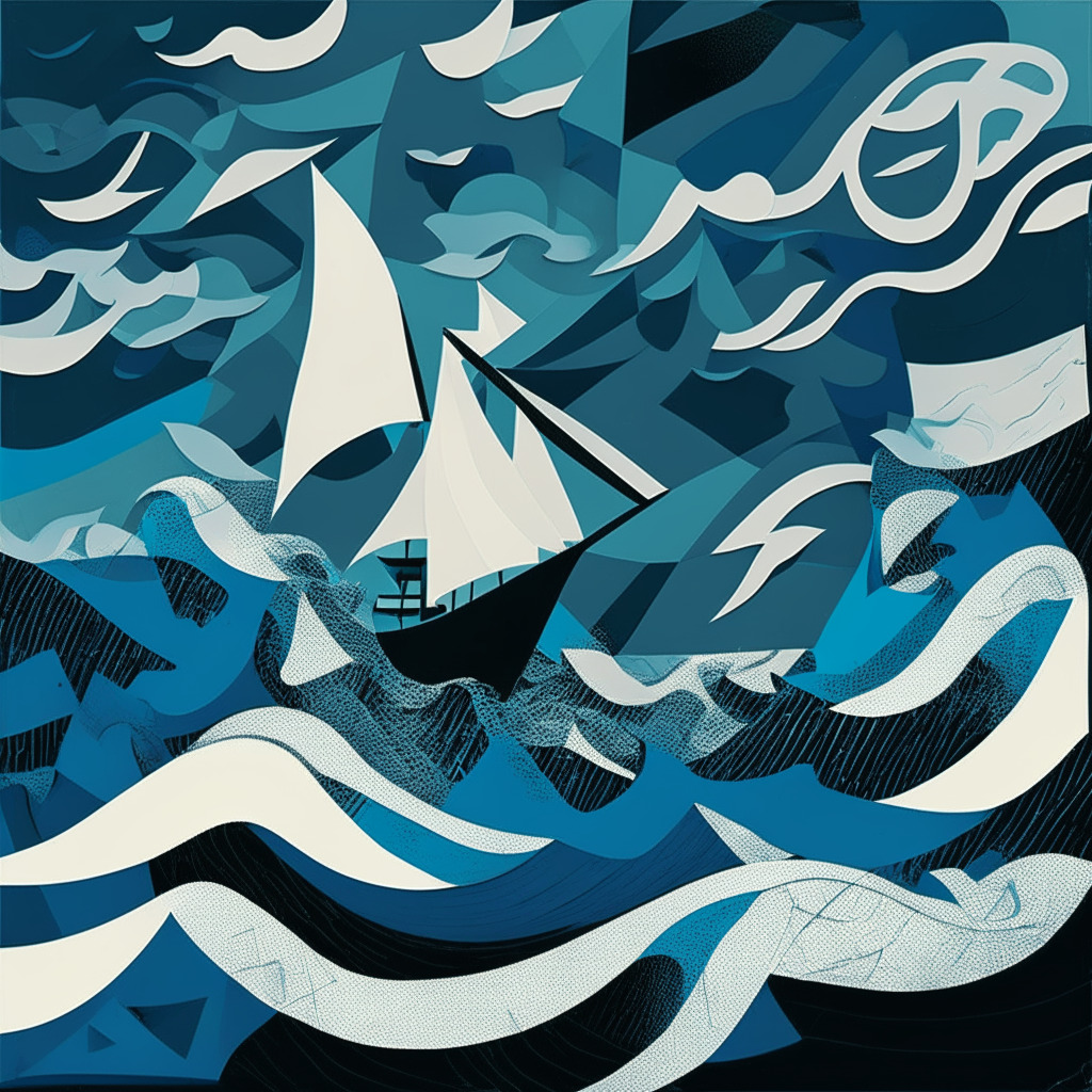 An abstract, post-modern representation of a stormy sea symbolizing the tumultuous blockchain industry, with a lone ship caught in the waves, signifying the Chia Network. Dominant colors should be cold and moody blues and greys, evoking a sense of turmoil and unpredictability. The art style should incorporate elements of Cubism, with fragmented, geometric forms highlighting the hurdles Chia is facing. The backdrop must reflect a dark, stormy sky, symbolizing financial distress and emerging crises. Also, incorporate a faint beacon of light in the distance to symbolize Chia's resilience and undying determination to navigate the difficult landscape.