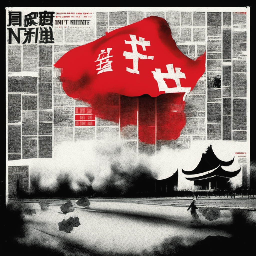 Surreal interpretation of China Daily's bold leap into NFTs, combining modern & traditional elements, High contrast monochrome palette, hint of brilliant red. Images of newspapers morphing into digital tokens, suggestion of blockchain's structure, heavy traffic. Mood is optimistic yet cautious, invoking resilience amidst challenges.