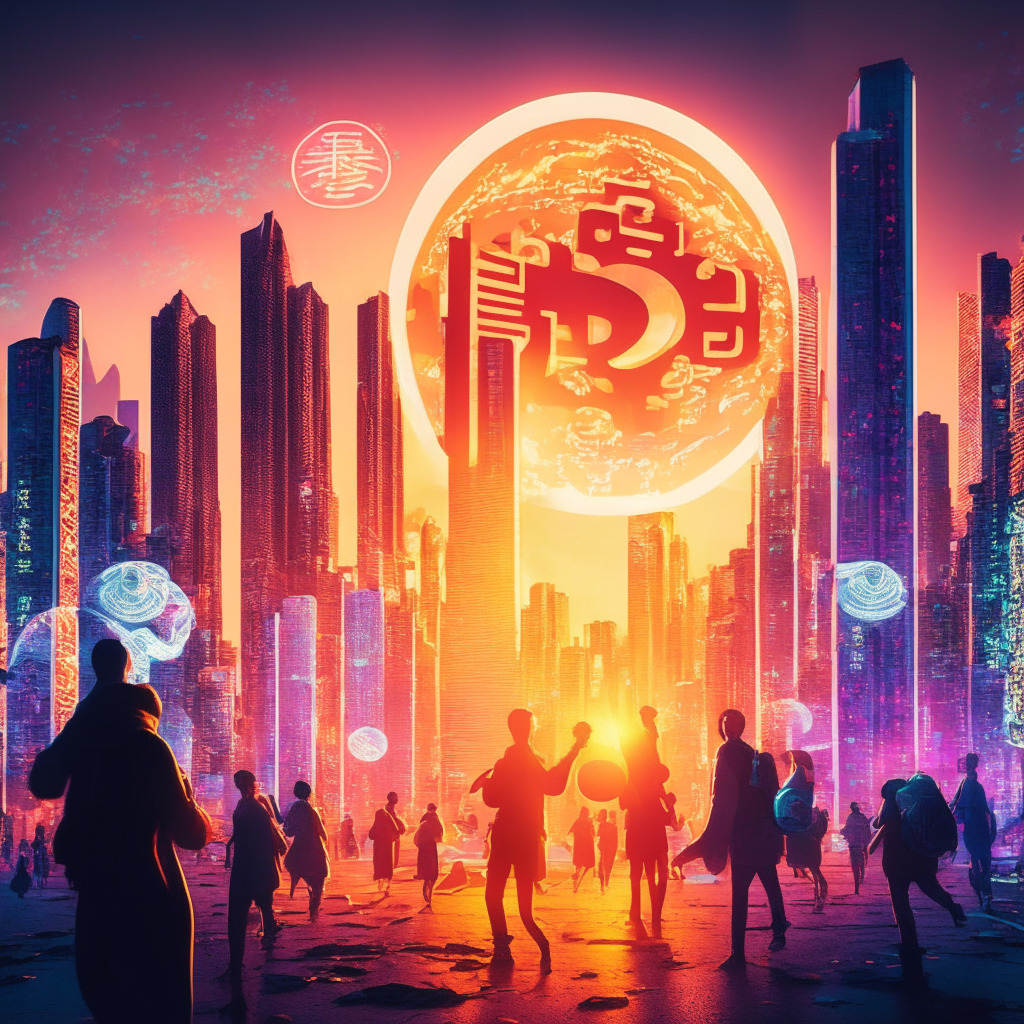 Sunset in an advanced Chinese cityscape, neon reflections in shiny digital coin symbols floating in the air, representing the digital yuan. Futuristic, vibrant, and pulsing with energy, the scene adopts a delicate magic-realism art style. People from various backgrounds, both locals and tourists, excitedly exchanging glowing digital white orbs- symbolizing the state-driven adoption. In the foreground, communal droplets of vibrant color pixels symbolizing electronic transactions. Overall, the mood is optimistic, pushing forward into the digital future under the softened orange twilight sky.