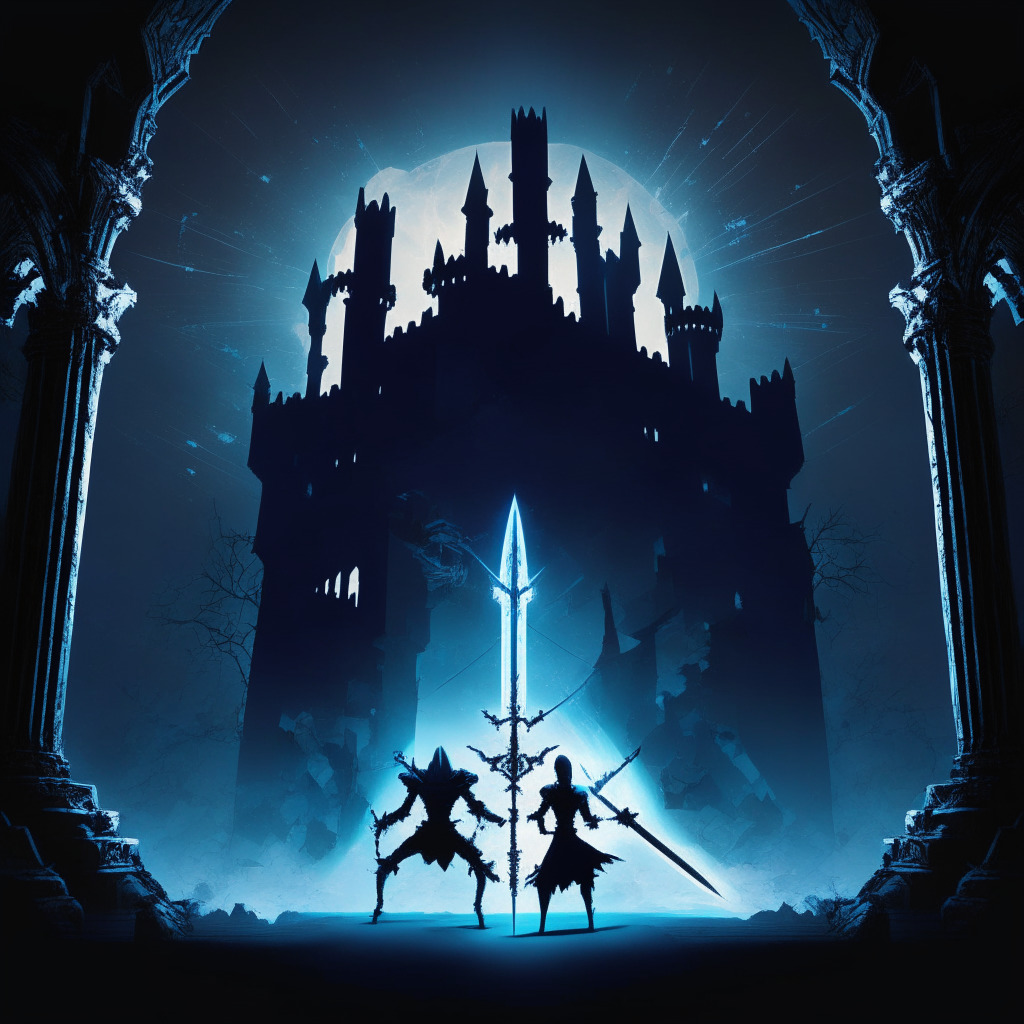 A digital scene illustrating the constant struggle between blockchain security and cyber threats, using a clash of light vs. dark elements in a neo-gothic aesthetic. It should depict a powerful fortress symbolizing blockchain technology under moonlit siege by shadowy hacker figures. In the middle, visualize a double-edged sword, capturing the mood of tentative triumph and lurking danger.