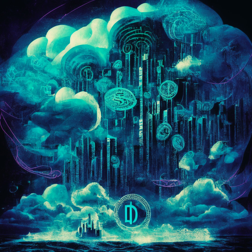 An abstract representation of a vast digital currency world, highlighting a towering exchange platform standing amid swirling clouds of data representing 155 jurisdictions. The background blends into a spellbinding aurora borealis, symbolizing the integration of multiple fiat currencies. User figures at the base evoke a dystopian mood, some appear excited at the change while others seem lost within the ocean of tokens, illustrating the potential complexity and user-bewilderment. The foreground is bathed in soft, illuminating light representing ease of transactions and progress but the edges are dark, manifesting regulatory ambiguities. A subtle touch of cubism style endorses the digital disruption theme.