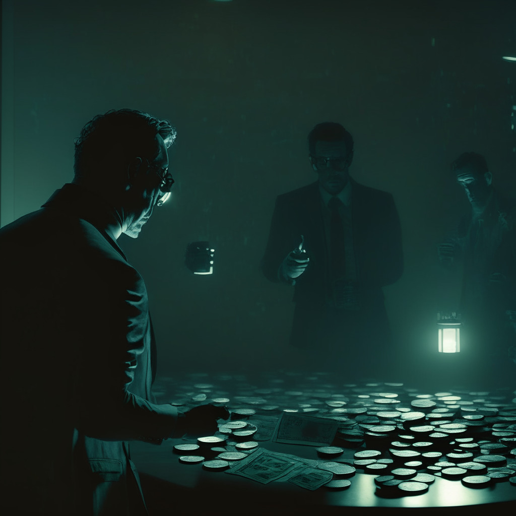 An intense scene of a cryptocurrency exchange under cyber attack, dimly lit, highlighting the suspense and urgency. The foreground depicts an adviser courageously securing digital assets, represented by luminescent coins into a virtual wallet, creating a shield of light in the enveloping darkness. Artistic style mirrors classic film noir, capturing the mood of high-stakes drama and determination.