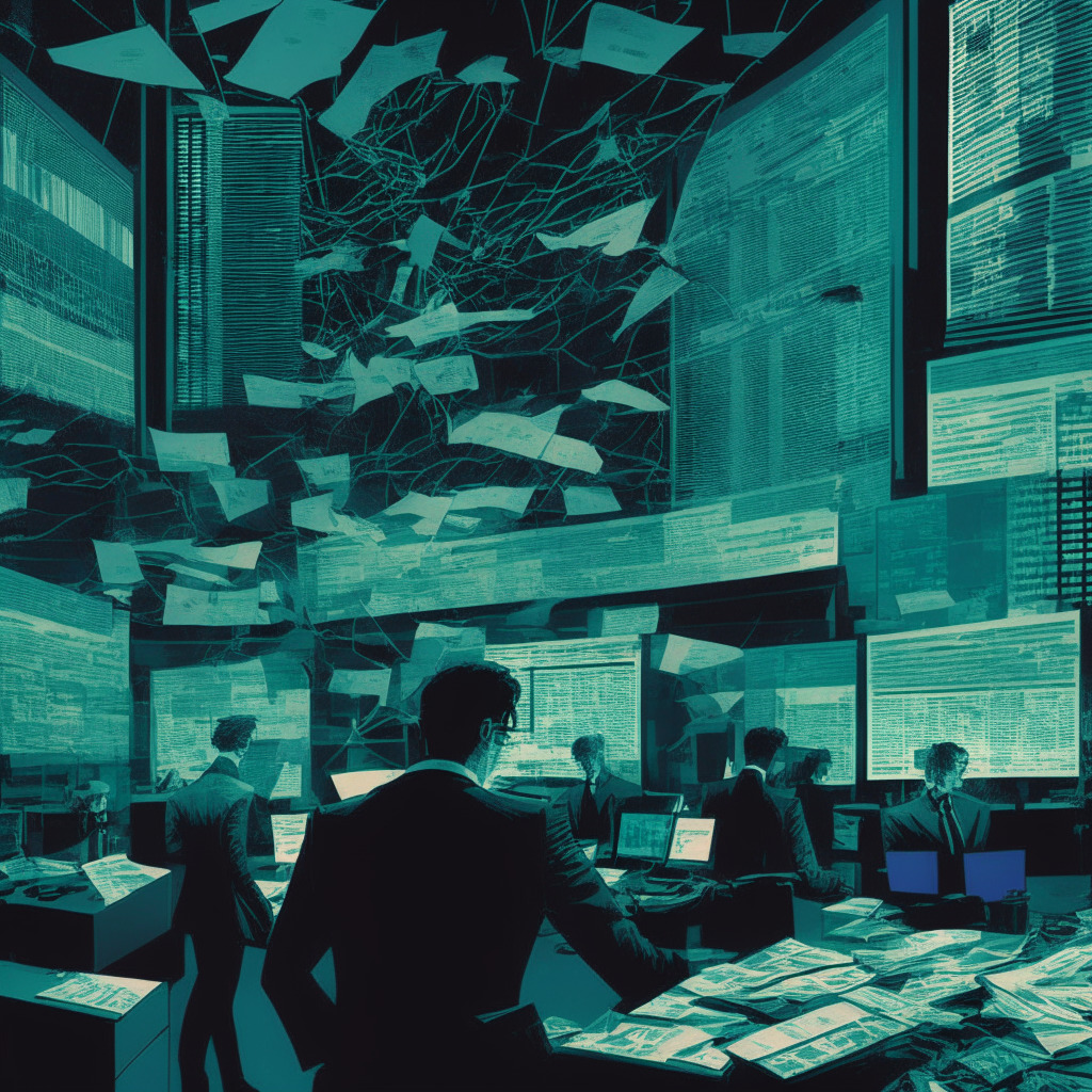 A late-night scene at a futuristically-styled UK financial authority office, papers scattered and digital screens flashing crypto company names and data in a matrix-esque design. Enhancing the image with stern, intense hues to symbolize regulatory action, add an undertone of uncertainty and tension, playing with shadows to hint at potential risks.