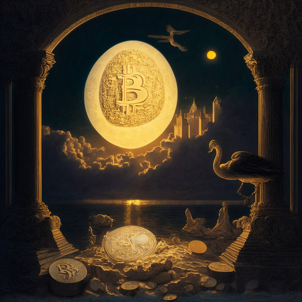A surreal, Renaissance-inspired, dusk scene. At the center, a golden, glistening Bitcoin enlarged, adorned with intricate engravings depicting rising and falling egg prices. In its shadow, a faded, slightly crumpled US dollar. Use soft, twilight hues, lending an air of eerie calm. Reflect the paradoxical economy, the uncertainty, and the surprising stability within the chaotic crypto realm.