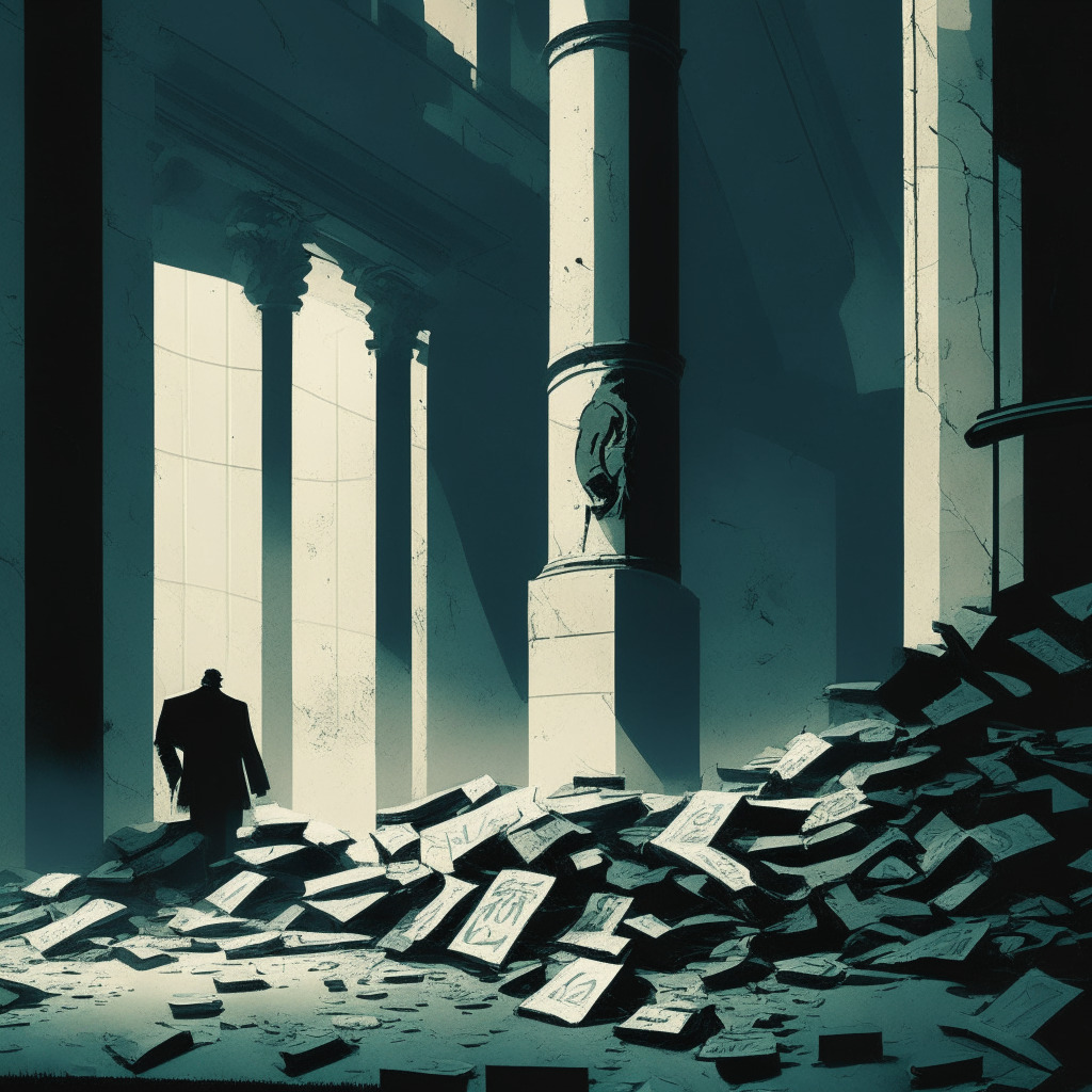 A dramatic scene of a crumbling bank with stylistic elements of a financial graphic novel, bathed in harsh, cold light to evoke the risk associated with crypto banking. The melancholic mood underlines the bank's collapse. A crypto coin with fading glimmer signifies high-risk deposits. Shadowy figures hint at nepotism and poor risk management.