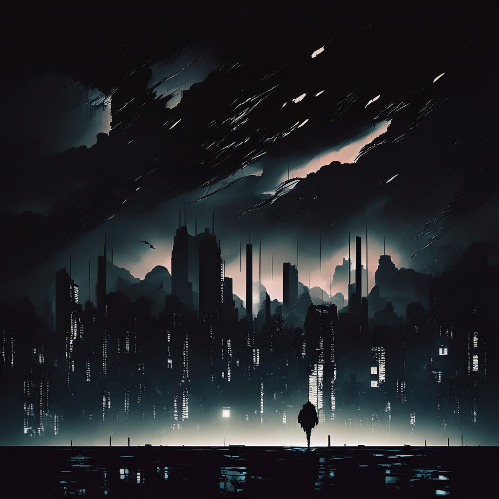 Dark, cloudy skyline over a chaotic urbanscape evoking tension, swift silhouettes symbolizing frantic law enforcers in search, artwork in noir style for mystery. Hidden in this scene, subtle symbols of blockchain & cryptocurrency to imply deceit. Glowing lights in the horizon hinting escape, adding suspense.