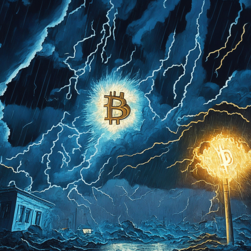 A stormy night on the cryptocurrency market, Bitcoin and Ethereum coins plunged amid a geysers explosion representing oil prices surge, van Gogh style skies coloured with anxiety and uncertainty in Street light illumination. In contrast, a gleaming presale ticket reveals promising crypto projects, casting a vibrant silver lining.