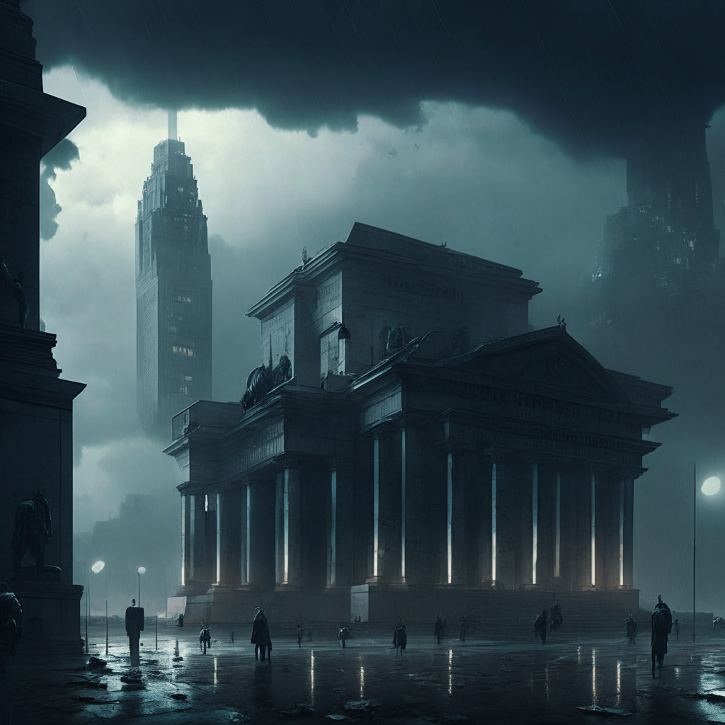 A dimly lit, moody scene of a beleaguered crypto exchange in a modern, futuristic cityscape shrouded in storm clouds, illustrating tension and uncertainty. The architecture hints a blend of classical and ultra-modern styles. Foreground shows desolated stakeholders holding fading, intangible coin assets, symbolizing anxiety. In the backdrop, high-raised administrative buildings cast long, ominous shadows. Flashes of lightning illuminate a careful, macabre dance between Faces of Blockchain-Powered Entities and Law-Enforce churn in the brooding sky, capturing the swirling controversy.