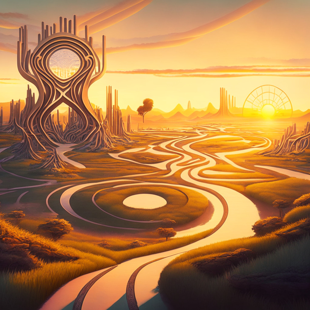 A futuristic scene showcasing diverging pathways to represent differing visions of crypto future, lit by the warm setting sun conveying inevitability and optimism. One path winds towards a central structure, representing centralized control, the other meanders into a lush landscape, symbolizing decentralization and community resilience. Artistic style should be reminiscent of a dreamy, renaissance landscape to express the transformative nature of crypto.
