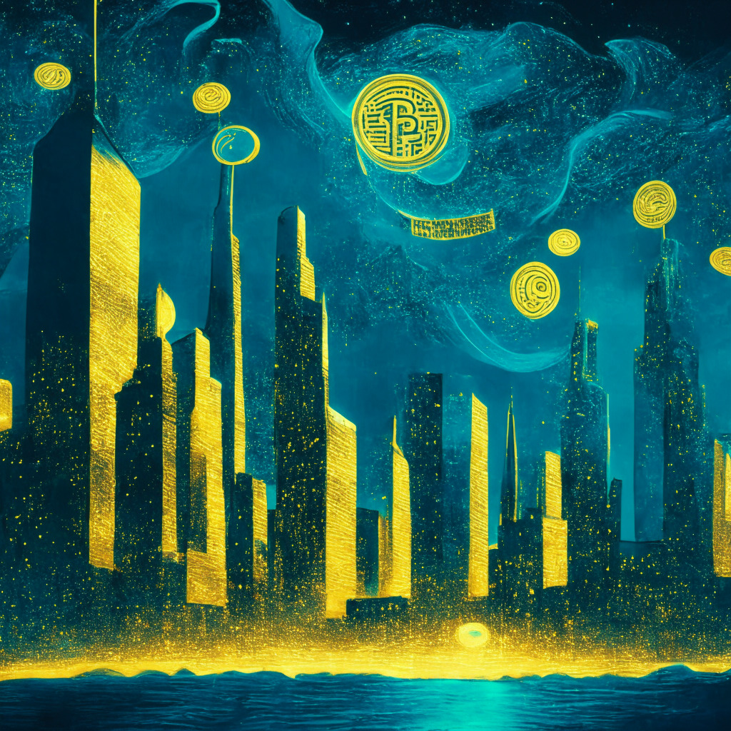 Twilight setting over a futuristic financial district, symbolic crypto coins, in teal, gold, and cobalt, soaring skyward with some lagging, expressing the surge. Mood is hopeful yet cautious, accented by Van Gogh's Starry Night swirls in the sky, European countries glowing brighter, hinting geographic variances in investment.