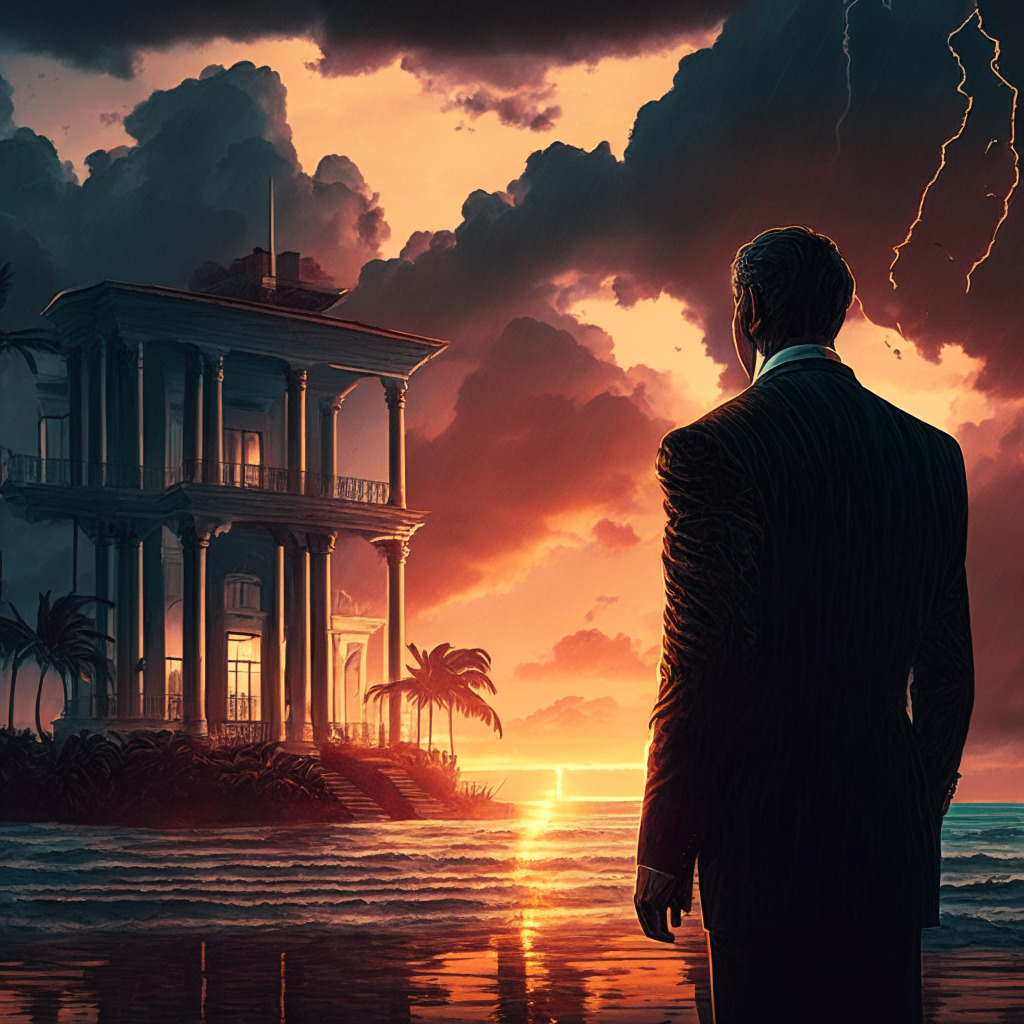Dramatic sunset in stormy Bahamas, reflecting the turmoil of cryptocurrency. In the foreground, a formidable businessman staring at a lavish mansion, contemplating a hefty bill in his hand. Shadows hint of the looming trial, tangible tension, impending upheaval in the crypto realm. Reflects crisis, power play, fear and uncertainty.