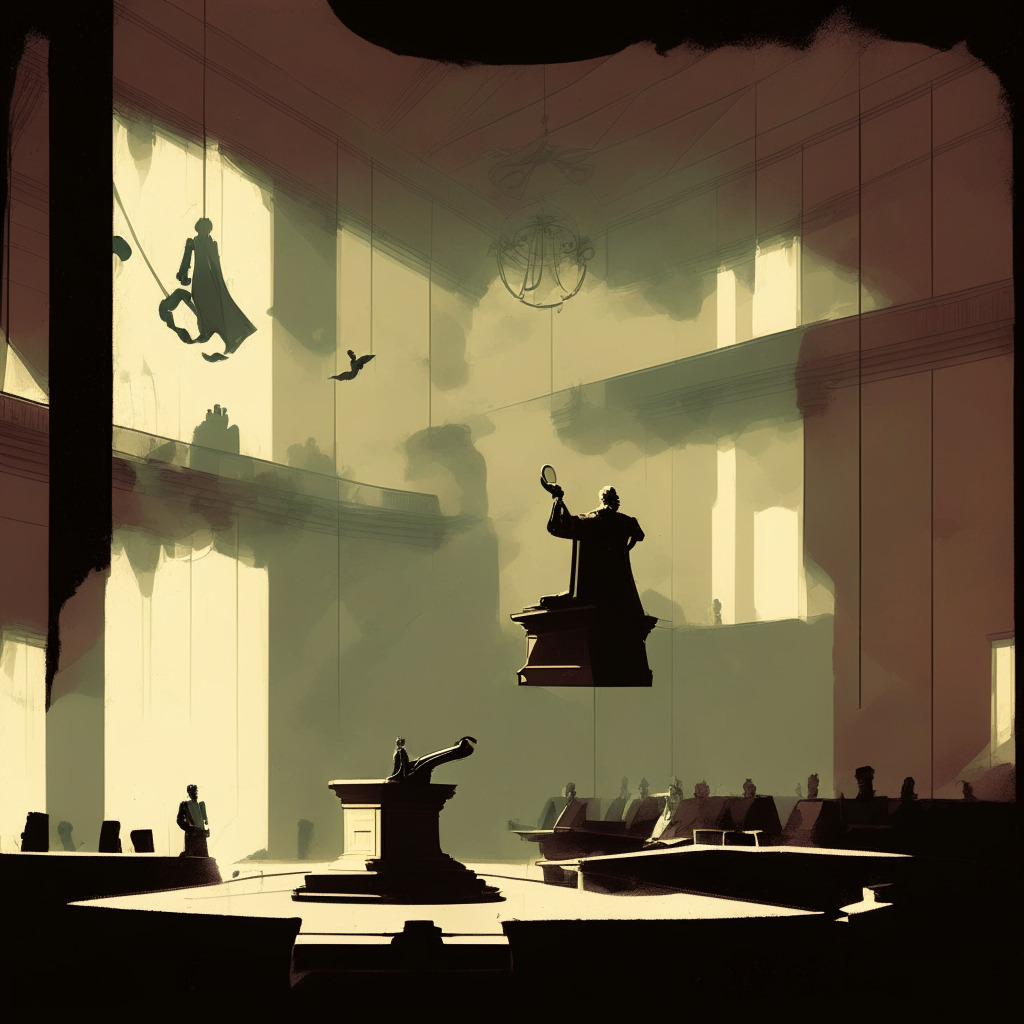 Courtroom in muted colors under low light, high tension mood, judge's gavel dramatically raised in mid-air. On one side, a silhouette of a young entrepreneur, facing a storm of accusations represented by ghostly question marks. On the other side, hung in the balance, a perfect replica of Palatial private jets, bound by chains and looming government logos with a golden scale in the center representing justice. In the background, simple sketches of coins styled as crypto symbols casting a deep shadow.