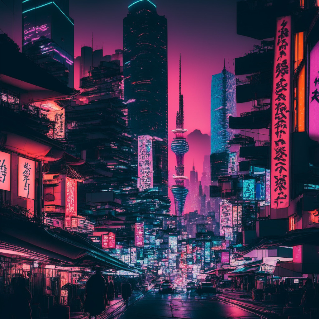 A striking contrast in a futuristic East Asian cityscape, dusk settling over Tokyo glowing with neon lights reflecting Japan's positive crypto reforms, drenched in a bold, tech-noir aesthetic. Intermingled, Seoul under dawn's soft hues hinting at South Korea's cautious approach, imbued with a serene, pastel neo Orientalism style. A thought-provoking balance of tension and harmony embodying the crypto race's evolving dynamics.