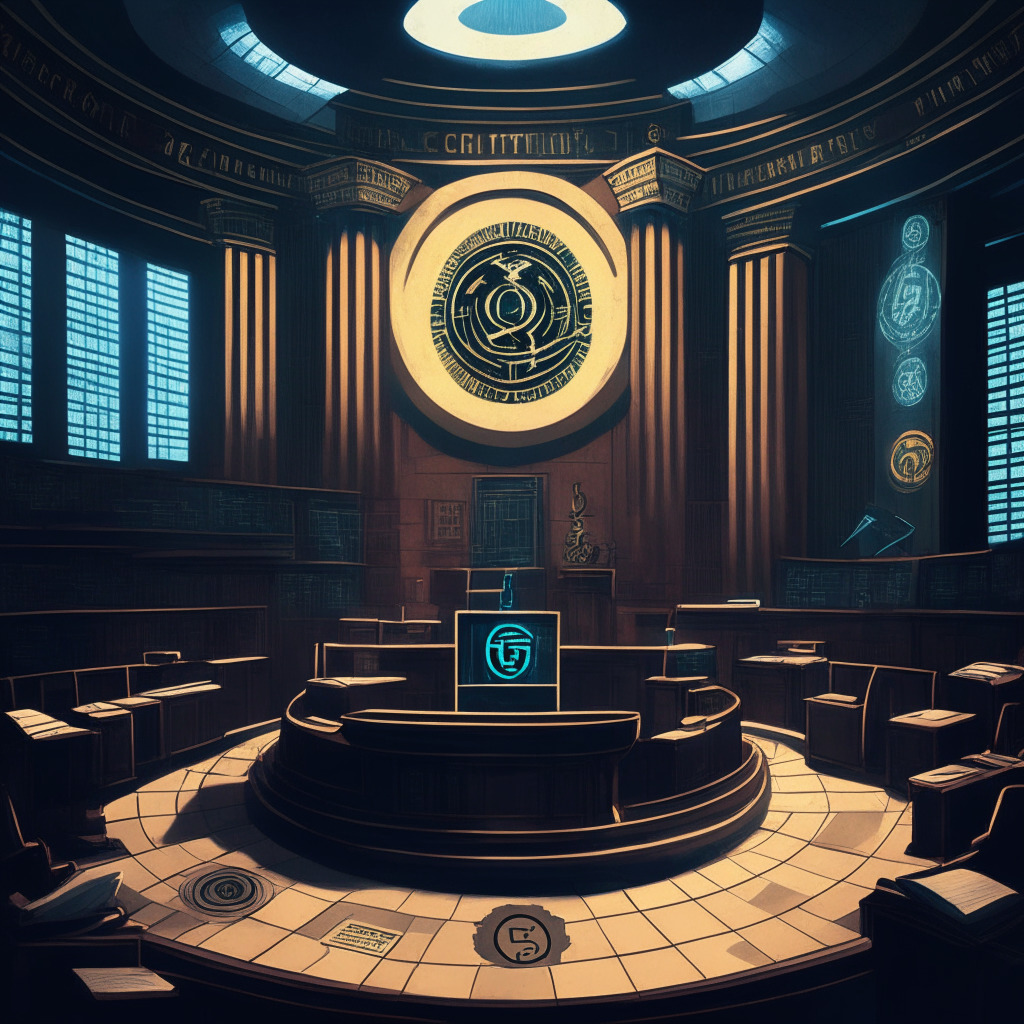 A clandestine courtroom, a dimly lit Argentinean government office, juxtaposed against stark crypto-themed symbols. At the center, a set of ambiguous scales tipping unevenly. An underlying tension, rendered in a bold, surrealist style, illuminates a global crypto regulation dispute. The mood: a tense interplay of law, technology, and economic policymaking.
