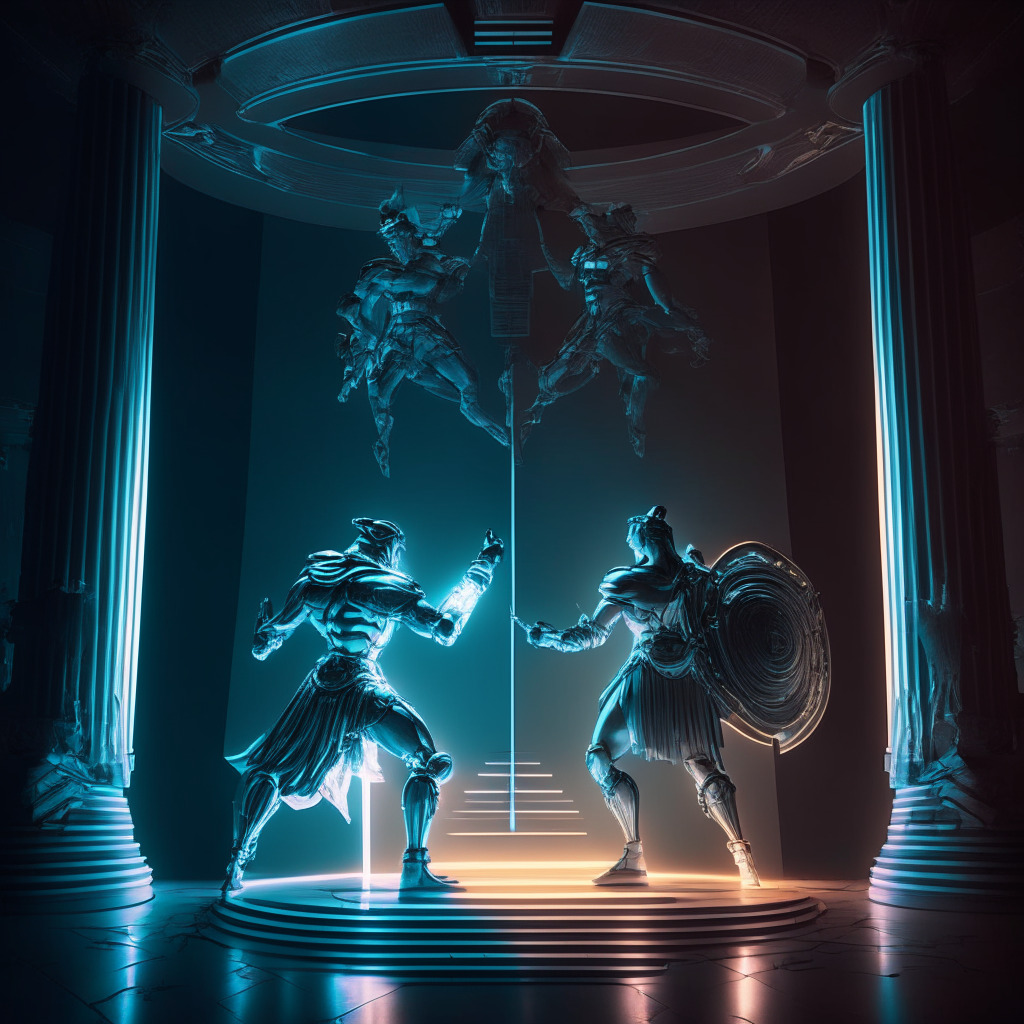A fusion of futuristic cyber and Renaissance art style depicting a thematic representation based on crypto safety & identity verification. Compose a low-light setting with a princely character (epitomizing user control) in the midst of the crypto world. A volumetric light source highlighting the 'shield' and the 'Achilles heel' portraying a scene of continuous battle against crypto scams. The background subtly featuring an abstract concept of Concordium's Web3 ID platform with emphasis on decentralization, personal data ownership. Emit a contentious vibe, underlining the ongoing struggle between user safety and evolving phishing attacks.