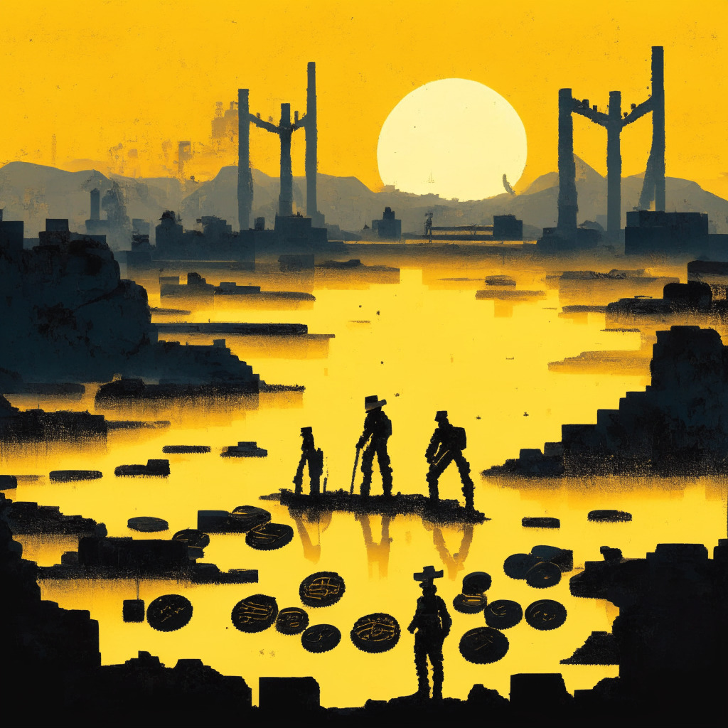 Shadowed figures around a mining pickaxe embedded in a chunk of gold, representing crypto miners in Kazakhstan, muted colors to represent turmoil, desolate industrial landscape in the background, sunrise in the distance symbolizing hope. Falling pixelated coins for declining crypto transactions in China, Hong Kong. A stylized bridge connecting separate floating islands, representing interoperable Web3 gaming ecosystem. An abstract tetrahedron, symbolizing dual cryptocurrency ETF, glowing in dynamic hues. Monochrome depiction of a detective, symbol of Binance helping Thai authorities. Mood: tense, dynamic, hopeful.