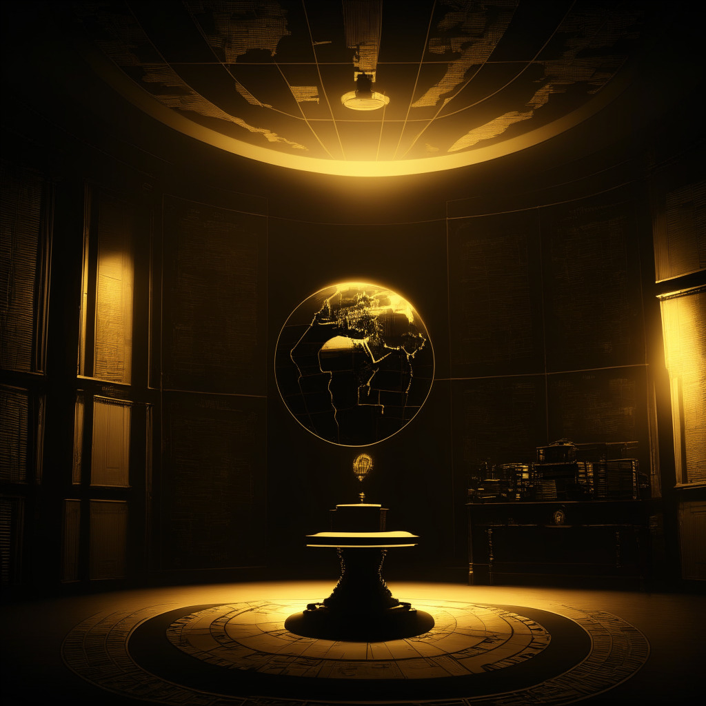A dimly lit, noir-style room with a vintage-style map of the world in the background. Center stage is a golden scale, one side bearing the symbol of blockchain technology, the other, a silhouette of an enforcement badge under a spotlight. The room evokes a tense yet hopeful mood indicating the gravitas of regulations and technology coexistence.