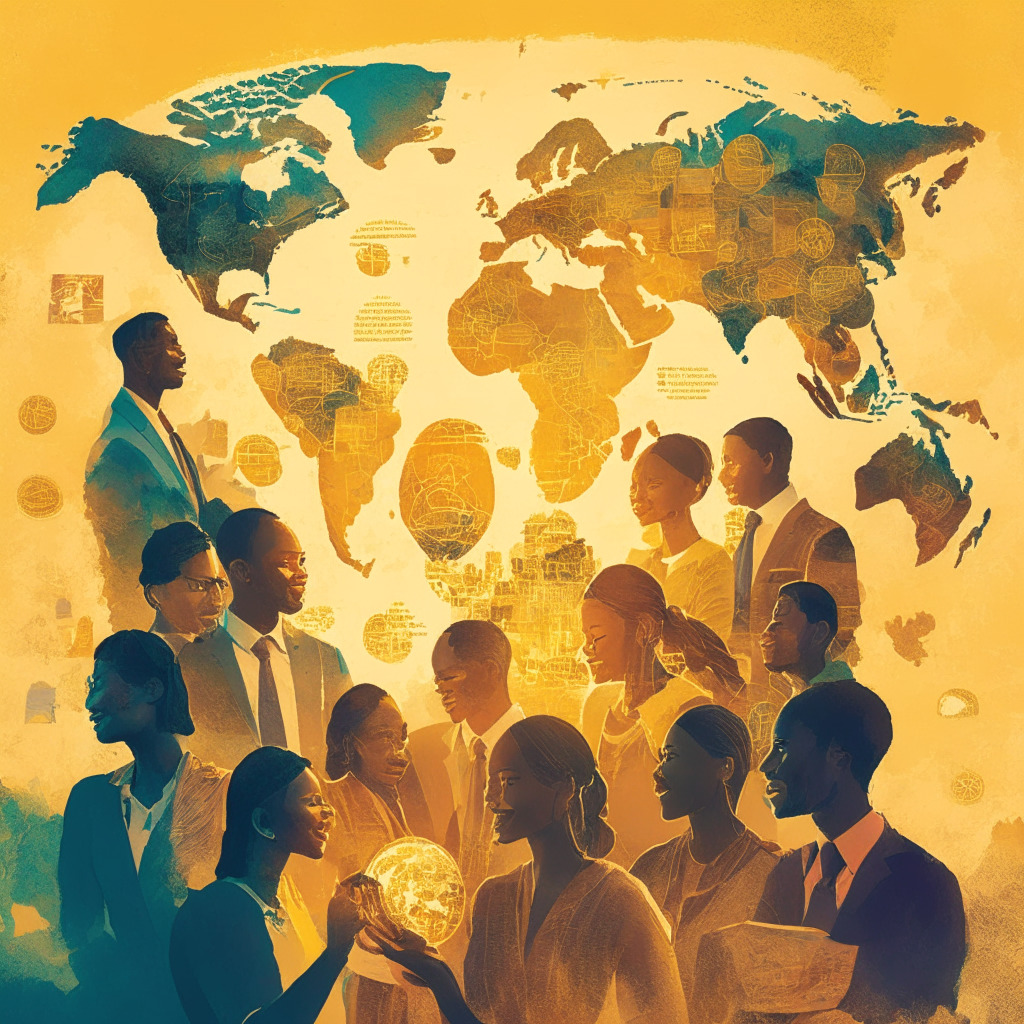 An ensemble of diverse individuals around a global map highlighting key areas, adding touches of Impressionist style. Dawn breaks over each region, unveiling golden hues representing cryptocurrency growth. Etheric light to create a hopeful ambiance. Visual narratives of financial upliftment, familial growth, education pursuits, and personal gain depicted tactfully with an optimistic, aspirational mood.