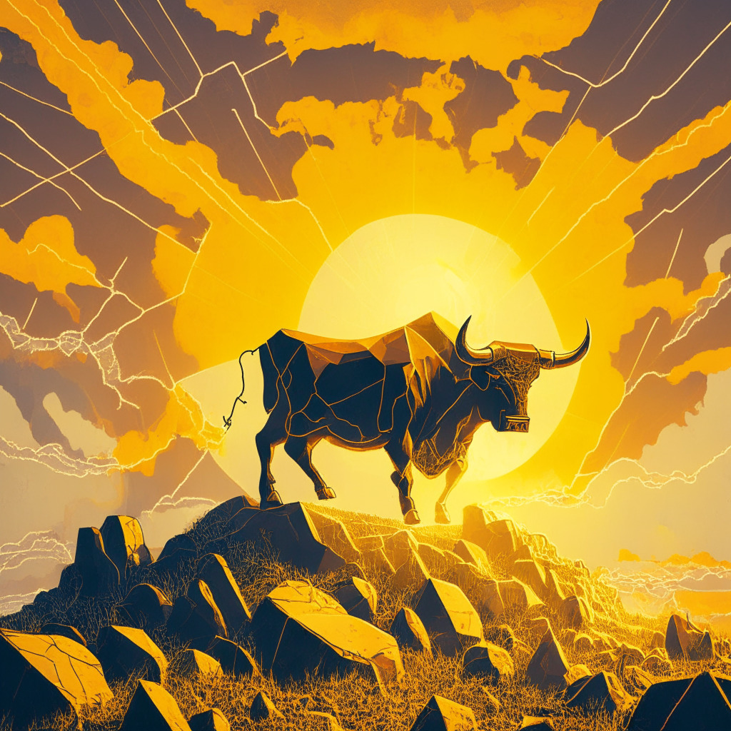 Surrealist crypto landscape under a radiant dawn sky, streaked with shades of optimism. Chainlink, depicted as a radiant golden bull, climbing a hilly graph, casting long shadows, contrasted by ominous storm clouds hinting potential downfall. Nearby, symbol of Meme Kombat staked in the soil, flourishing into a fruitful, oversized token. Mood is a blend of exhilaration and caution.