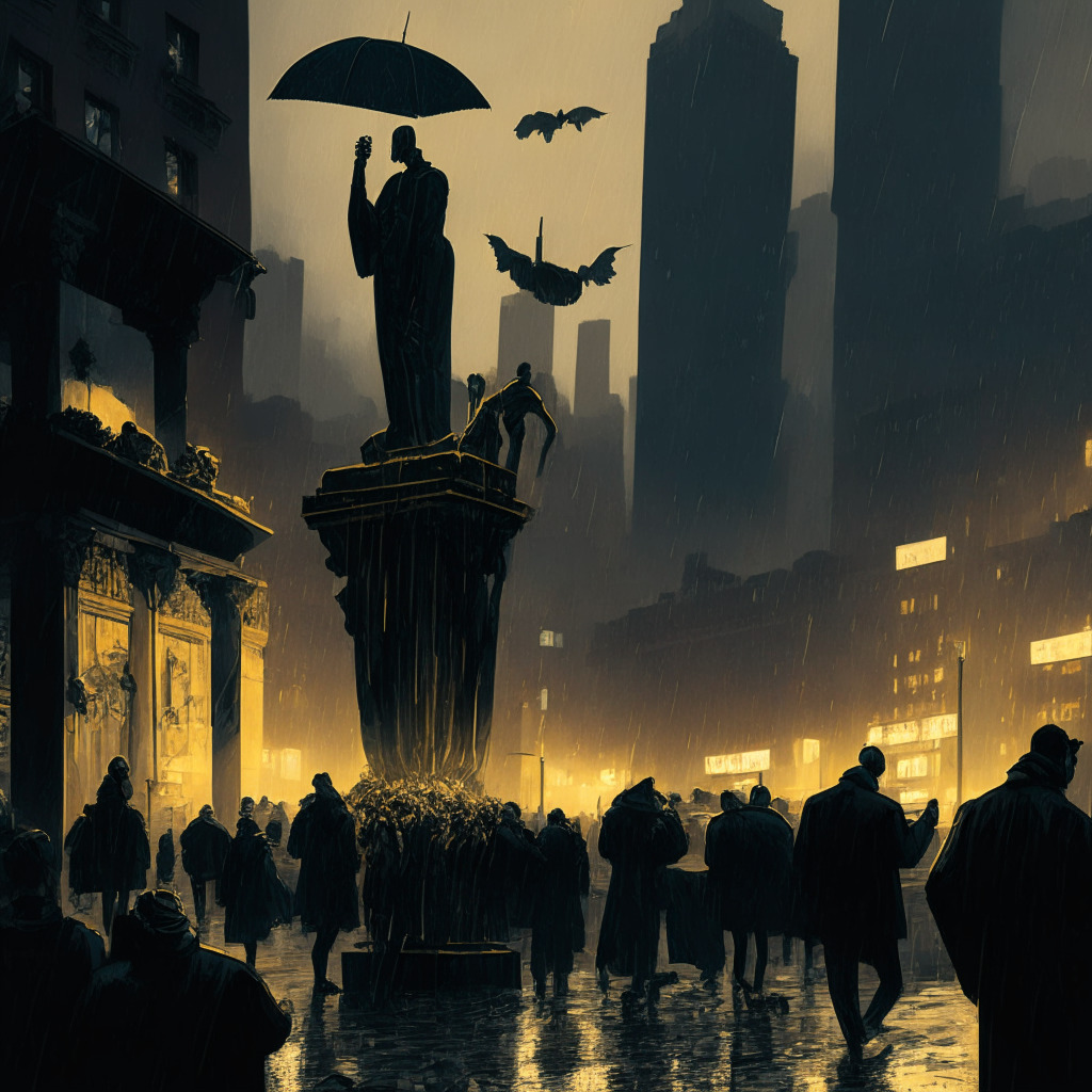 A detailed, moody, noir-style cityscape during a rainy twilight, capturing the hustle and bustle of traders and individuals. In the foreground, a golden statue of a Bitcoin is being moved, representing wealth outflow. Shadows represent the uncertainty brought about by regulation, international entities are subtly suggested as ghostly skyscrapers lurking in the background, a kite shaped like an ICO capsule floats distantly, signifying a past boom. The city vibrates with undercurrents of evasion and faintly glowing assets. Artistic, wispy clouds signify the potential for inflating values.