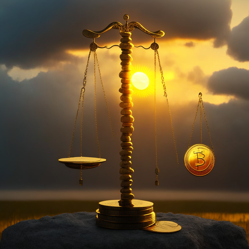A metaphorical balancing scale, one side bearing a golden coin etched with the SOL emblem under stormy gray skies, representing SOL's resilience amid a leadership scandal, the other side holds a vibrant BTCMTX token against a backdrop of a sunrise symbolizing its rapid growth. The cold, harsh light falling on SOL, a hopeful warm sunrise caresses BTCMTX creating an atmospheric chiaroscuro. Stylize the image in an interpretive expressionist style with a solemn yet hopeful mood.