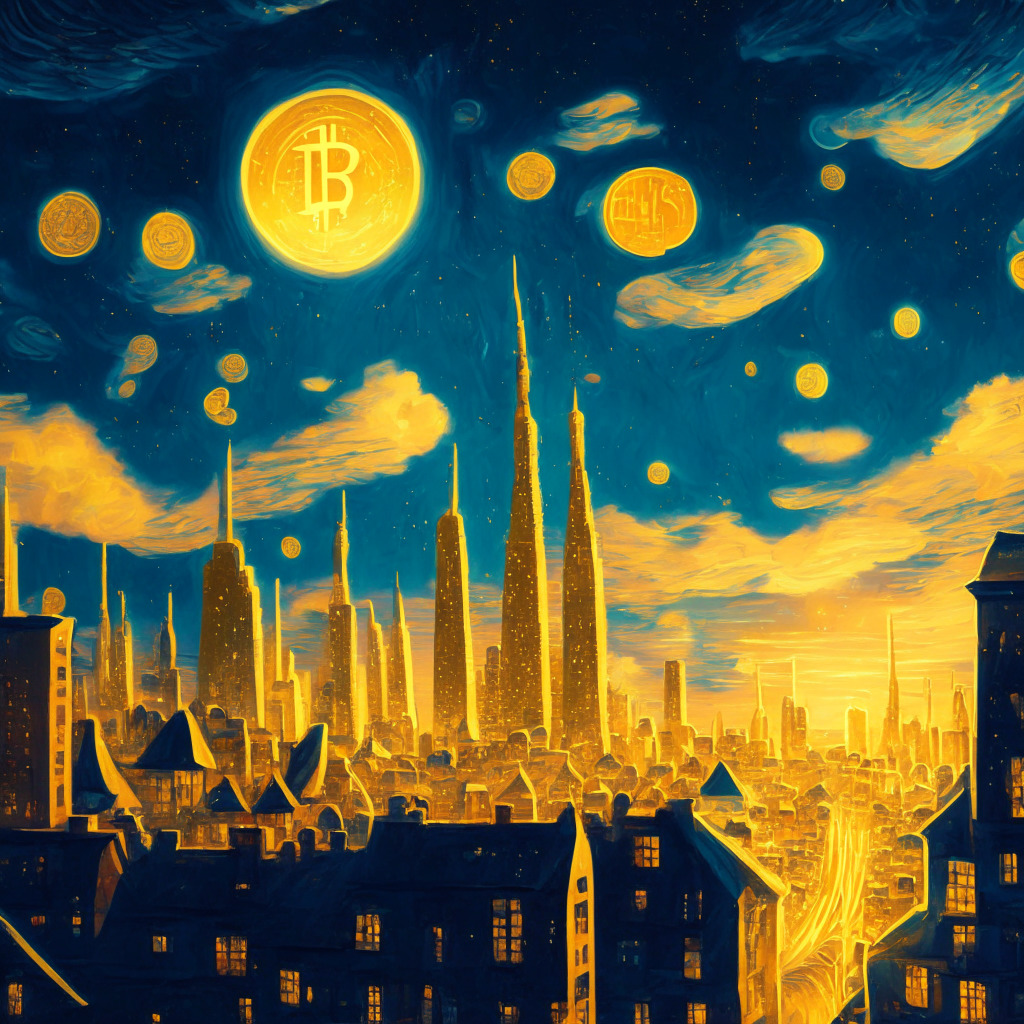 A surreal cityscape at dusk, painted in the style of Van Gogh's Starry Night, with buildings made of crypto coins Bitcoin and Ethereum, their values soaring into the sky. The environment is of optimism and mystery, with some buildings soaring high, others ominously low. Across the scene a warm, golden light, symbolizing a bullish market.