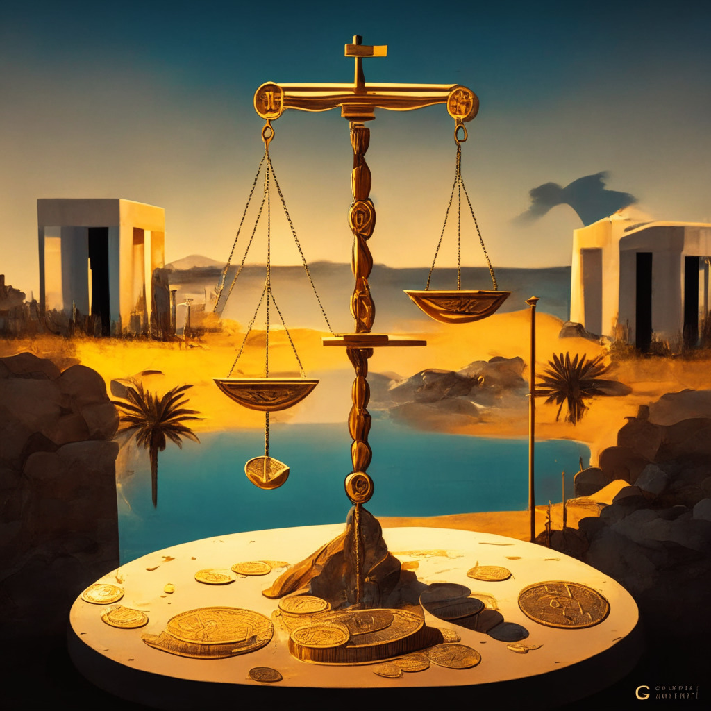 An early evening scenery of Cyprus with a balance scale symbolizing Crypto regulation and innovation. Half the scale weighs heavy with a conceptual representation of law and order, blockchain links entrapped into a penitentiary, while the other half is lighter with shiny illuminated cryptocurrencies levitating. The scene has a semi-abstract art style, bathed in rich gold and copper hues reflecting the setting sun, casting long shadows. The mood is contemplative, hinting at the critical judgment unfolding in the world of digital currency.