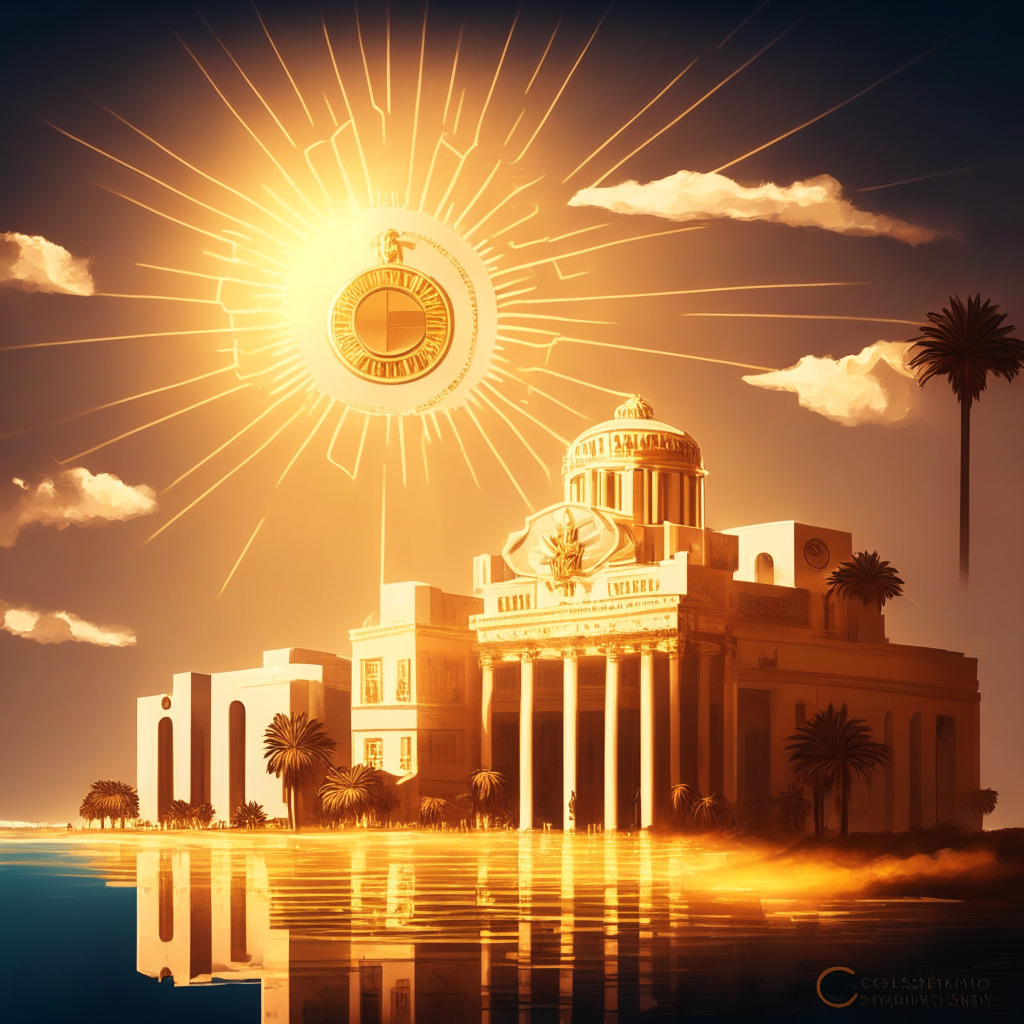 A vivid image of Cyprus under the Mediterranean sun, transitioning from a haven to a stringent regulator of cryptocurrencies. Illustrate imposing government buildings reflecting the tightening enforcement. Capture a symbol representing Crypto service providers in a spotlight, signaling scrutiny and regulation. Render the artwork in a surrealistic style, with a golden-coppery light setting to represent the tension and transformation. Showcase a cloud casting a cooling shadow over Crypto, suggesting risks and the possibility of penalties. Use hues of warm and cool to juxtapify growth and regulation.