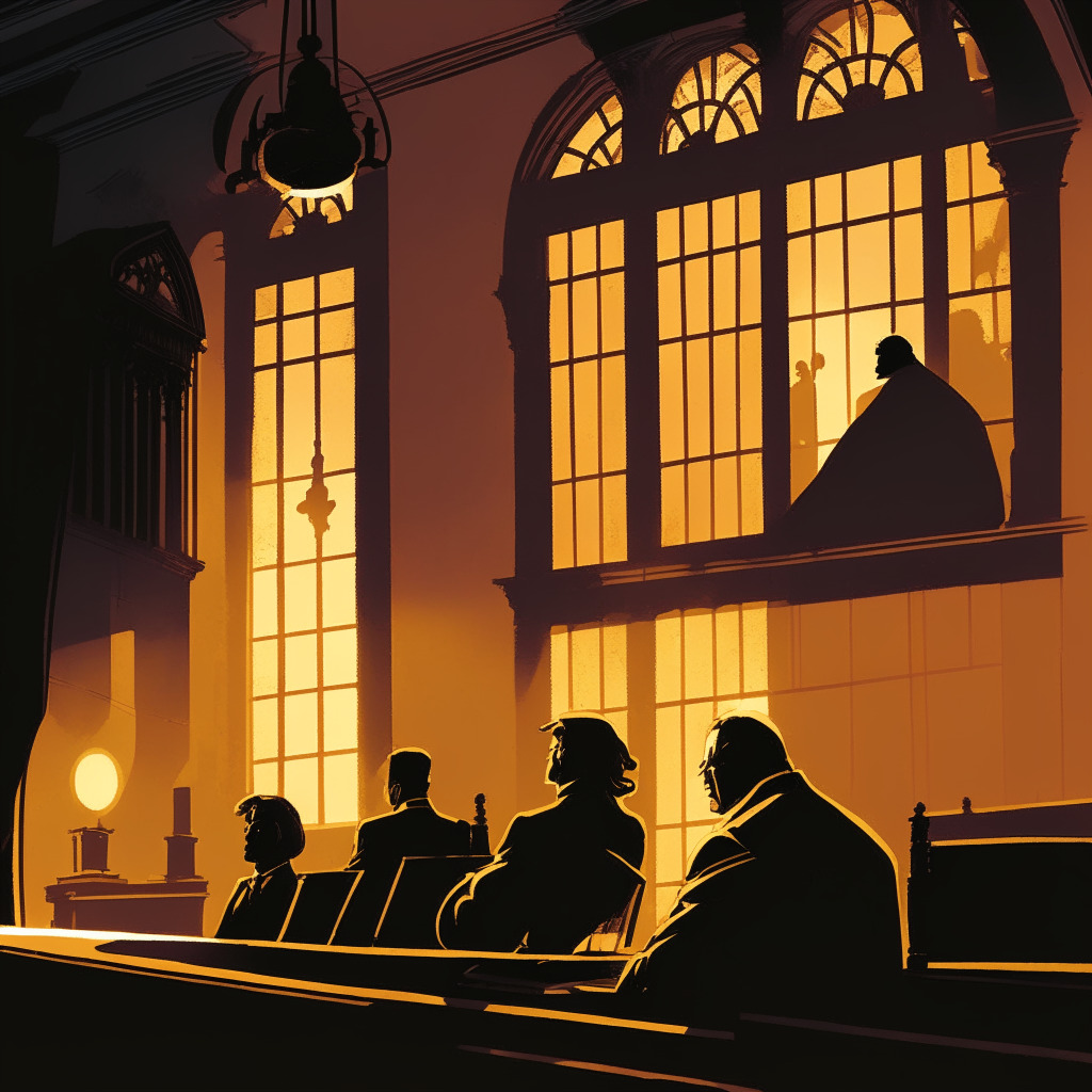 A dramatic courtroom scene at dusk, richly lit by the setting sun streaming strikingly through large gothic windows illuminating two opposing figures, representing a defense lawyer and the Department of Justice, a phantom witness on a video call screen, referring to a cryptic crypto trial. Added layers of nuance by adopting an Edward Hopper's style, vivid yet melancholic tones create an intense, suspenseful mood.