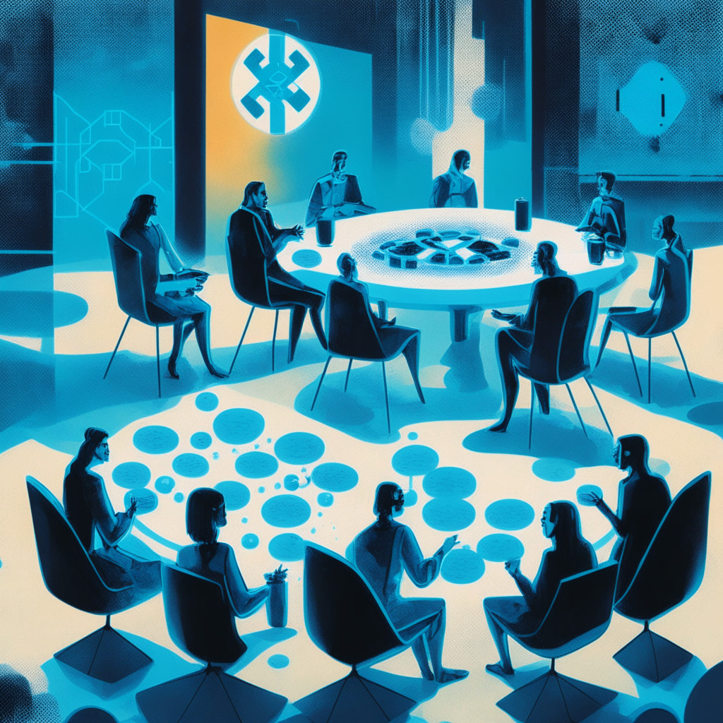 An abstract representation of a democratic roundtable discussion on future XRP Ledger upgrades, in the style of a modern futuristic painting. A diverse group of figures engross in friendly debate under a soft, intimate light, conveying a thoughtful mood. Symbols of voting, agreement, and blockchain technology are subtly integrated into the scene.