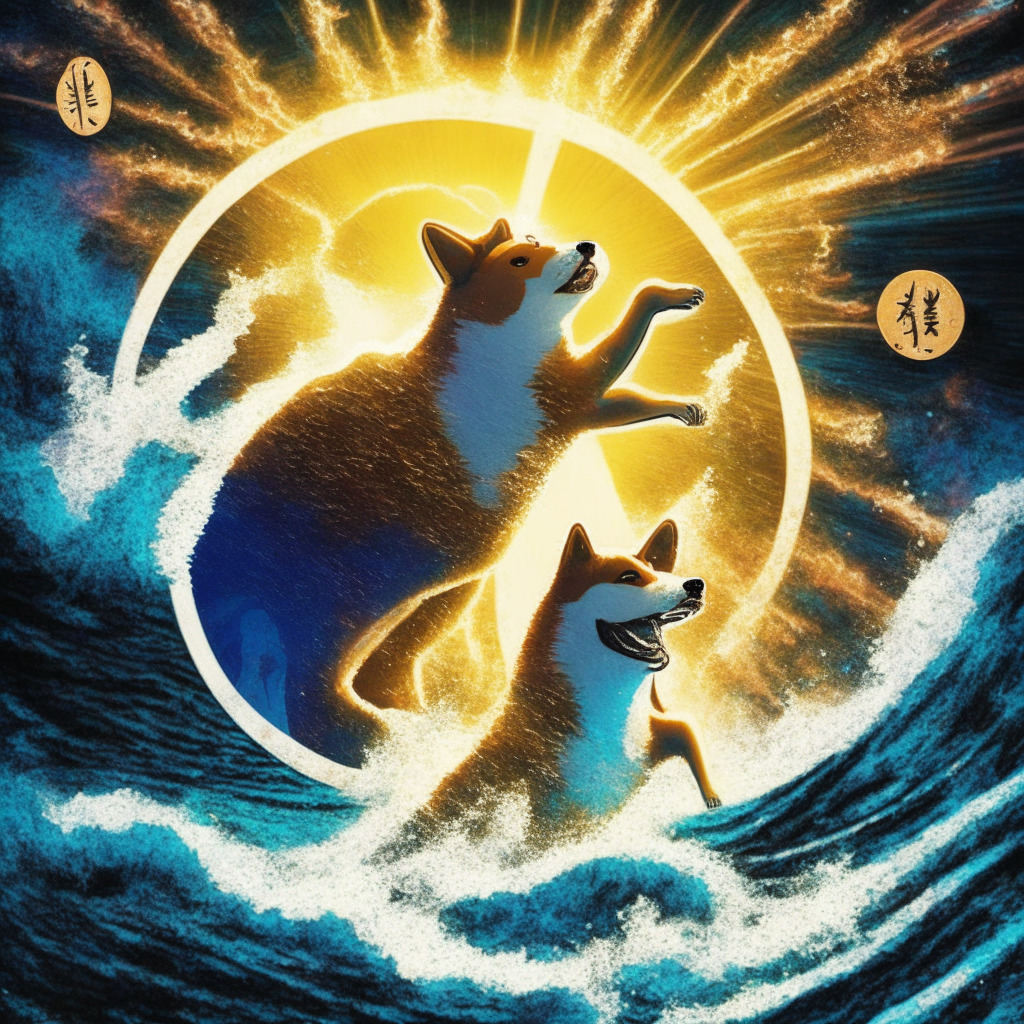 Metaphoric depiction of an ascending Big DOGE token amid a rising wave, glow of upward energy illuminating the image, with a festive undercurrent. The surge is dramatic and tantalizing yet casts a shadow of suspicion, hinting at whispers of scams, a touch of suspense. Far end integrates a novel player, a vivid representation of Meme Kombat, with diverse meme characters engaged in a captivating and playful battle. The scene transitions into a gamified, AI-driven platform, generating an aura of security, trust and transparency, overlaid with a brushstroke of rewarding tokenomics, reflecting a balanced dance between reward and risk. Use hues of blues and greens to emphasize the risk and intrigue of the crypto world.