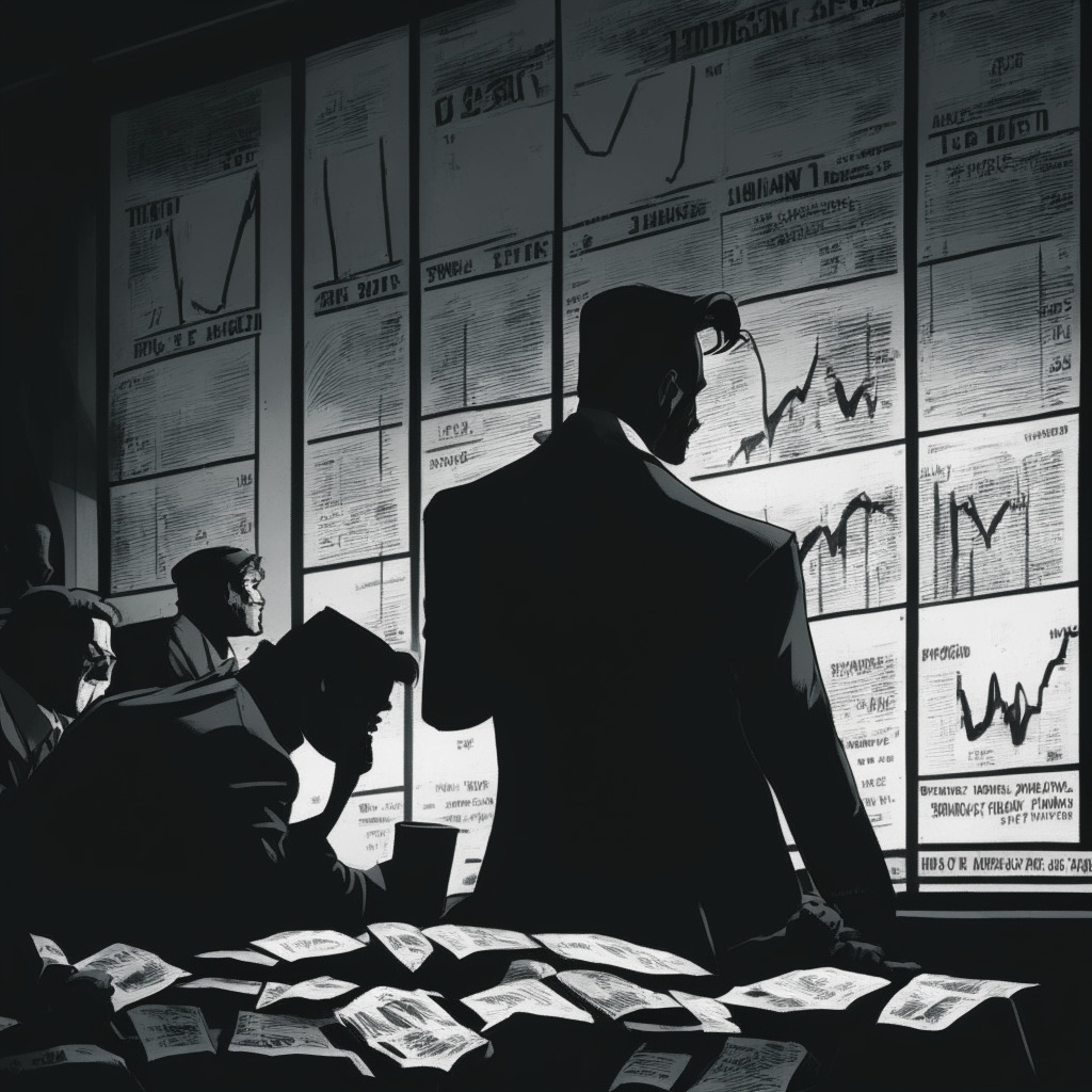 A dimly lit, film-noir styled scene showing a hustling, bustling cryptocurrency exchange. To the side, a man agonizes over the decision to extend a lockup period, representing his struggle against the concept of decentralization. In the background, a graph dips dramatically symbolizing the price drop of SRM, a storm brewing symbolizing market instability. The mood is one of tension and anticipation.