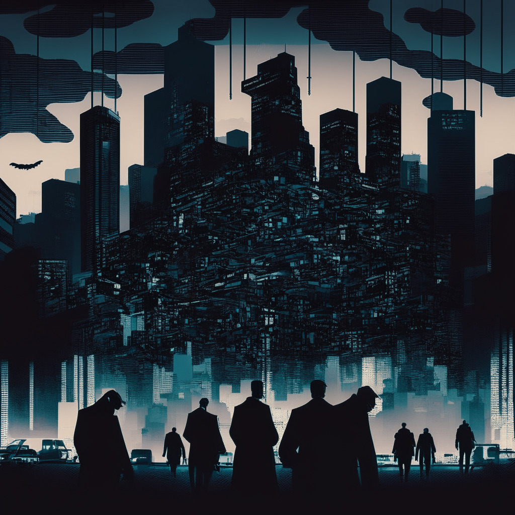 Chiaroscuro cityscape at twilight, displaying a visible tension between shadowy figures conducting anonymous cross-chain transactions, and vigilant digital detectives trying to trace their illicit activities. The aesthetic evokes a neo-noir style, with angular blockchain motifs, ghostly silhouettes of North Korean agents, and symbols of multiple cryptocurrencies subtly woven into the scene. Capture a conflict between innovation and exploitation, integrity and evasion. The tone is quietly ominous yet intriguing.