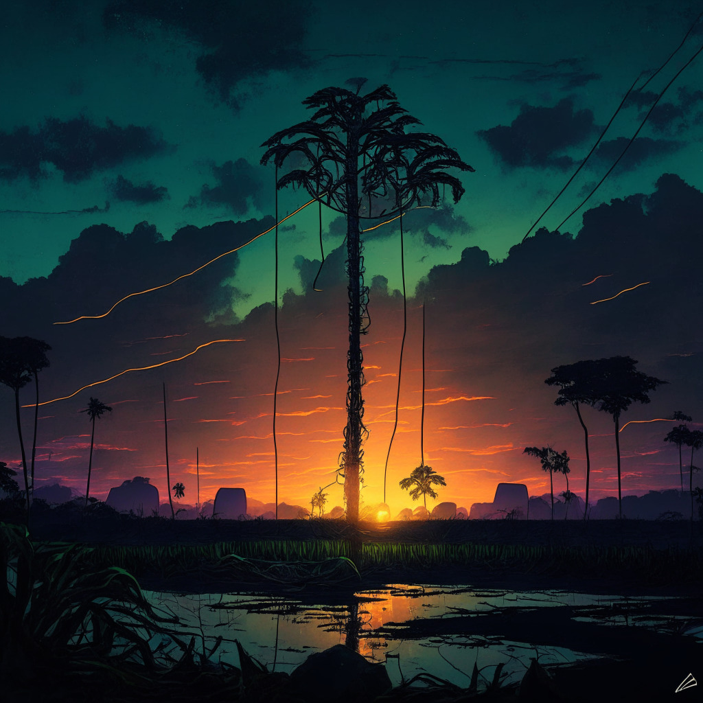 A surreal representation of a decentralized lending protocol shutting down, cast in somber twilight hues, the mood heavy with the weight of closure. On the other side, the vibrant dawn symbolizing El Salvador's venture into cryptocurrency with greener energy, bursting with hopeful sunshine. These contrasting scenes coalesce amidst the backdrop of a large, metaphoric balance scale, the pivot gently touched by the uncertainty of a nebulous future. Urban landscapes intertwined with futuristic elements for an edgy artistic style.
