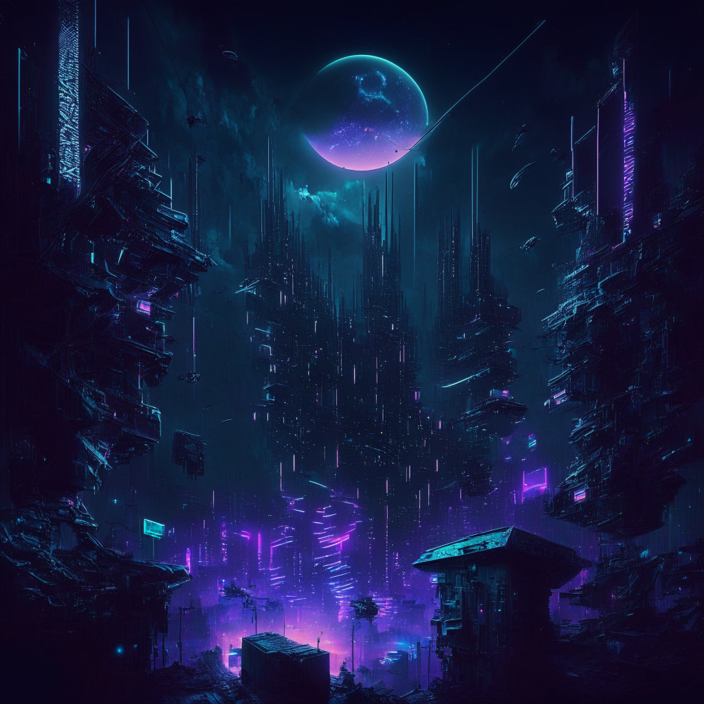 Dystopian cybernetic cityscape bathed in moonlight, key symbols interchanging within neon holograms representing user transactions, soaring high above Ethereum shaped clouds, implying soaring success. Dark alleys represent the chaotic side of the crypto world, littered with compromised keys and manipulation scripts subtly hinting at security breaches.