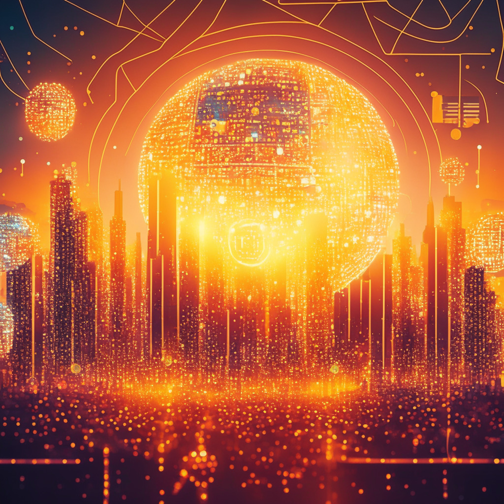 An intricate digital cityscape under the majesty of a golden sunset, representing Friend.tech's decentralized network. Blockchain nodes represented by vast, futuristic buildings ever-rising in prominence. Users symbolized as colorful, interconnected orbs of light flowing through this glowing metropolis, a testament to their dynamic involvement. In the background, a medley of stylized social media icons in semi-transparent hues looms over, hinting at friendship and connections. Image radiates a sense of risk, determination, and triumph.