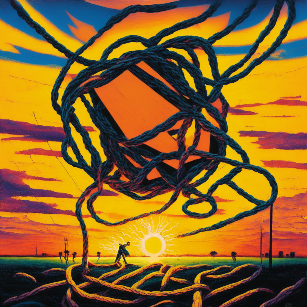 A dynamic, decentralized landscape depicted in an impressionistic style, sun setting in the distance symbolizing ongoing evolution. A large tug-of-war rope represents the struggle between expansion and focus, stretched taut between abstract figures showing the tension in the industry. The mood is vibrant yet intense, revealing hints of uncertainty. The foreground features a cryptic, open box, a nod to the exclusive NFT space.