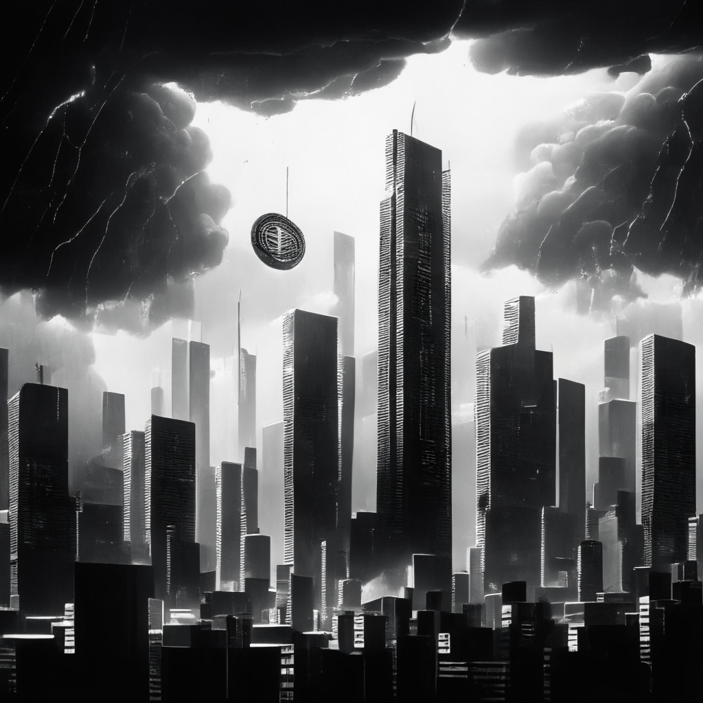Monochrome futuristic cityscape with large bitcoins hovering above skyscrapers, blockchain chains linking the buildings, a looming storm indicating apprehension, a digital display of the decentralized transaction process, subtle representations of surveillance and power struggle, high-contrast lighting giving a dramatic atmosphere, a tension-inducing mood encompassing optimism and concern.