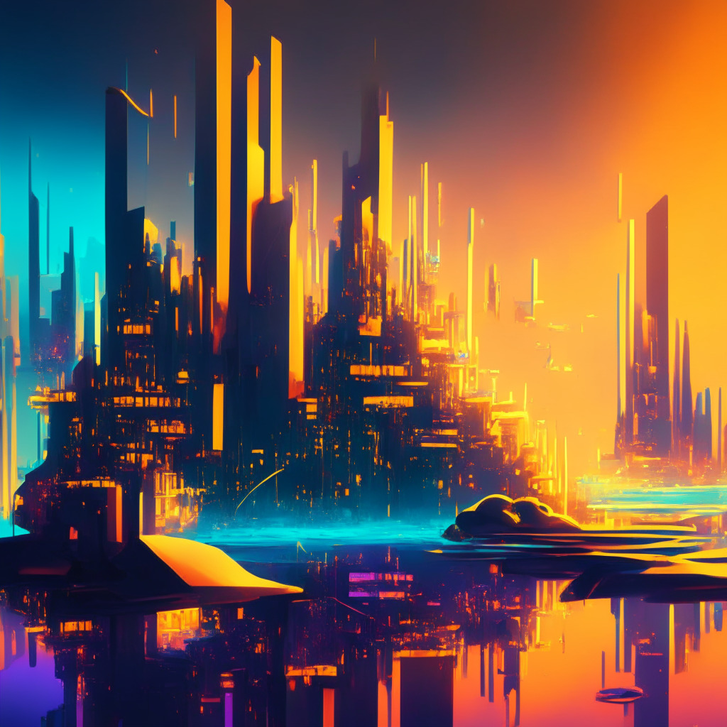 Fantastical representation of the DeFi landscape, Industry-esque structures crafted from digital code represent crypto synthetic assets. Vivid hues tell their value and potential mimicking real-world assets like gold and global currencies. The scene illuminated by a soft light, creating a tranquil, optimistic atmosphere. Darker edges signify risks and challenges. Style: Futuristic Impressionism.