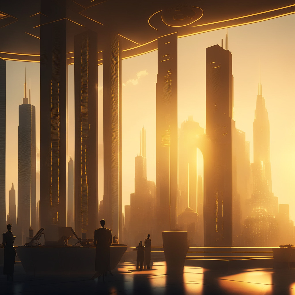 A futuristic, neoclassical-style investment firm at dawn, bathed in soft, golden light, anchoring an imposing city skyline. Sleek digital screens displaying crypto currencies and fintech symbols. Among the firm's illustrious personnel, seasoned executives exude power and confidence. The mood is anticipatory and optimistic, hinting at a groundbreaking revolution in finance.