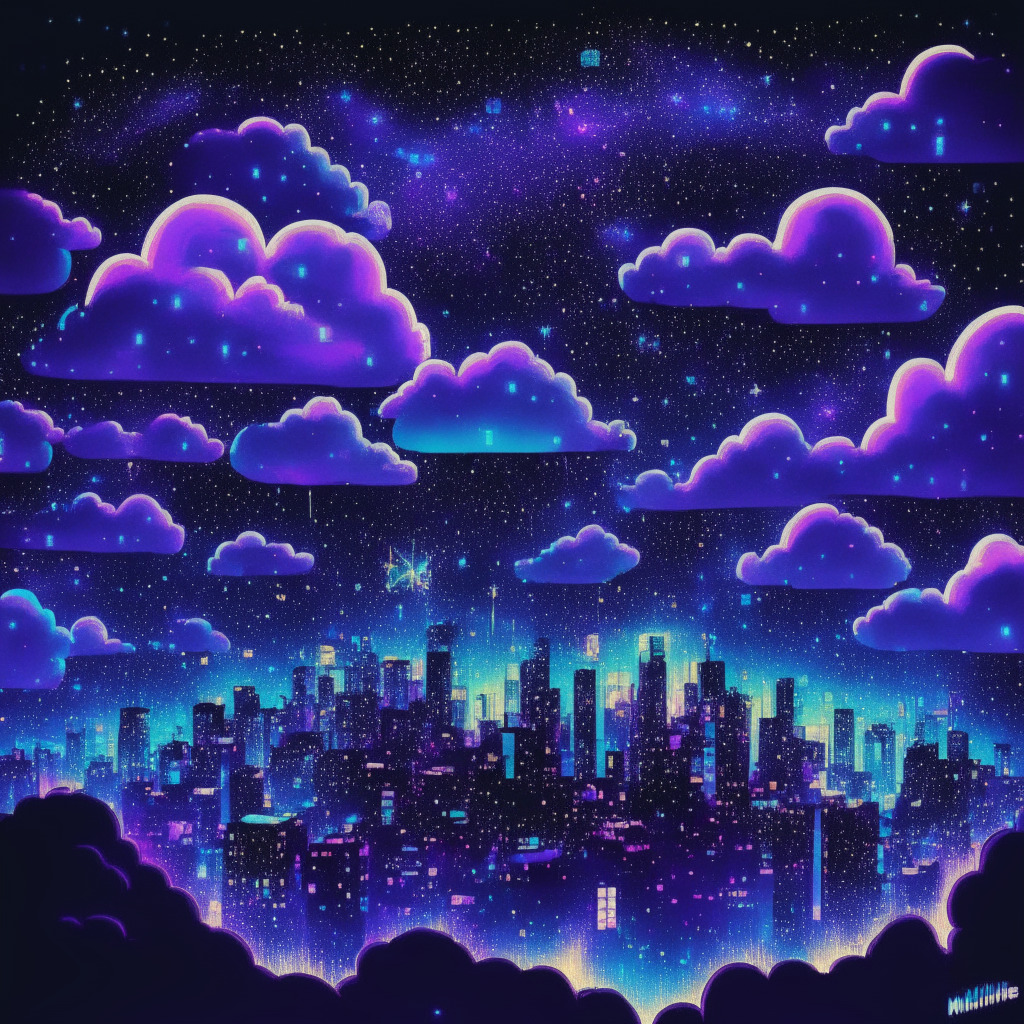 A night sky lit up with vivid aurora borealis embodying the concept of Bitcoin Minetrix, vast clouds symbolizing the cloud mining operation, handful of bright stars representing the individual miners. A backdrop of decentralized cityscape symbolizing the paradigm shift, hand-illustrated in a whimsical pop-art style. A transparent, shimmering hologram floating above the city, signifying the Ethereum blockchain. Mood of the image captures promise, intrigue, and a touch of disruptive revolution.