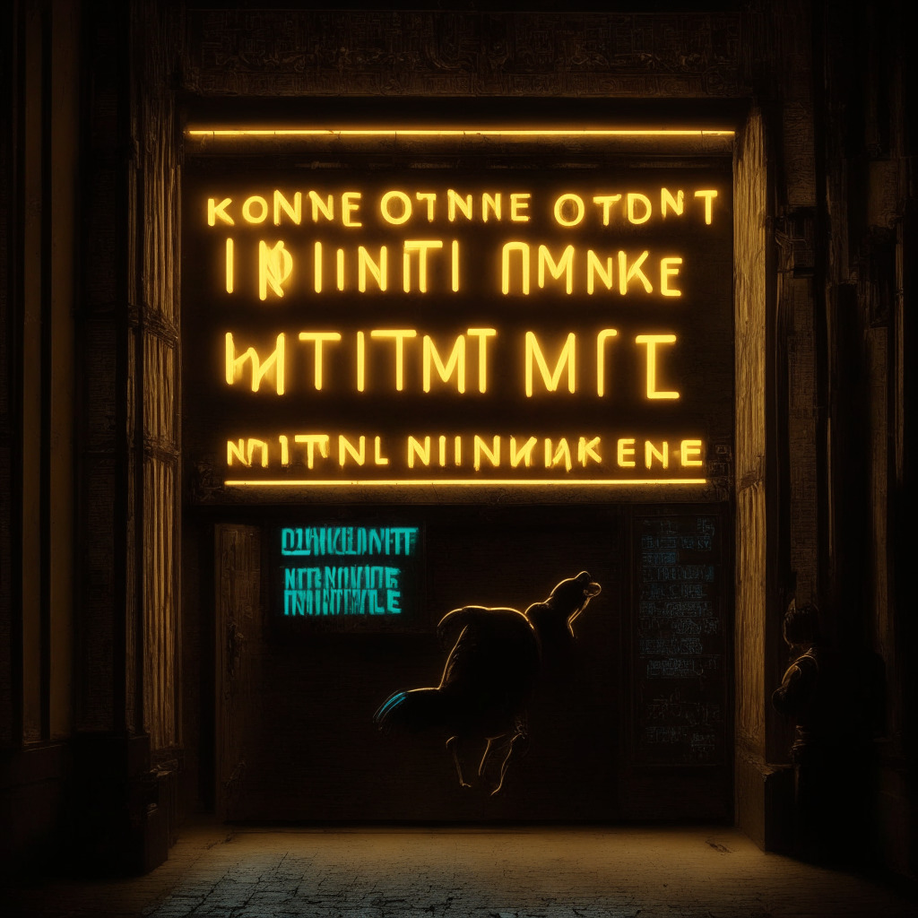 A dimly lit, surrealistic depiction of a digital coin plunging into archival Victorian ledgers, representing the Dogecoin's market stagnation. On the sidelined side, a dynamic, neon-signboard glowing with words 'Meme Kombat' attracting bystanders, emits bright hopeful rays, representing the anticipation of a new rising star. The mood is moody yet hopeful.